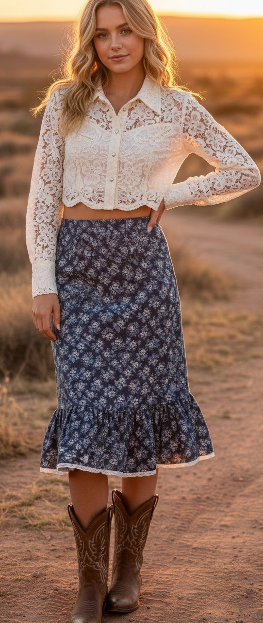 Vintage Banjo Dallas Texas Western Cowgirl Floral Skirt Ruffle Lace Trim M