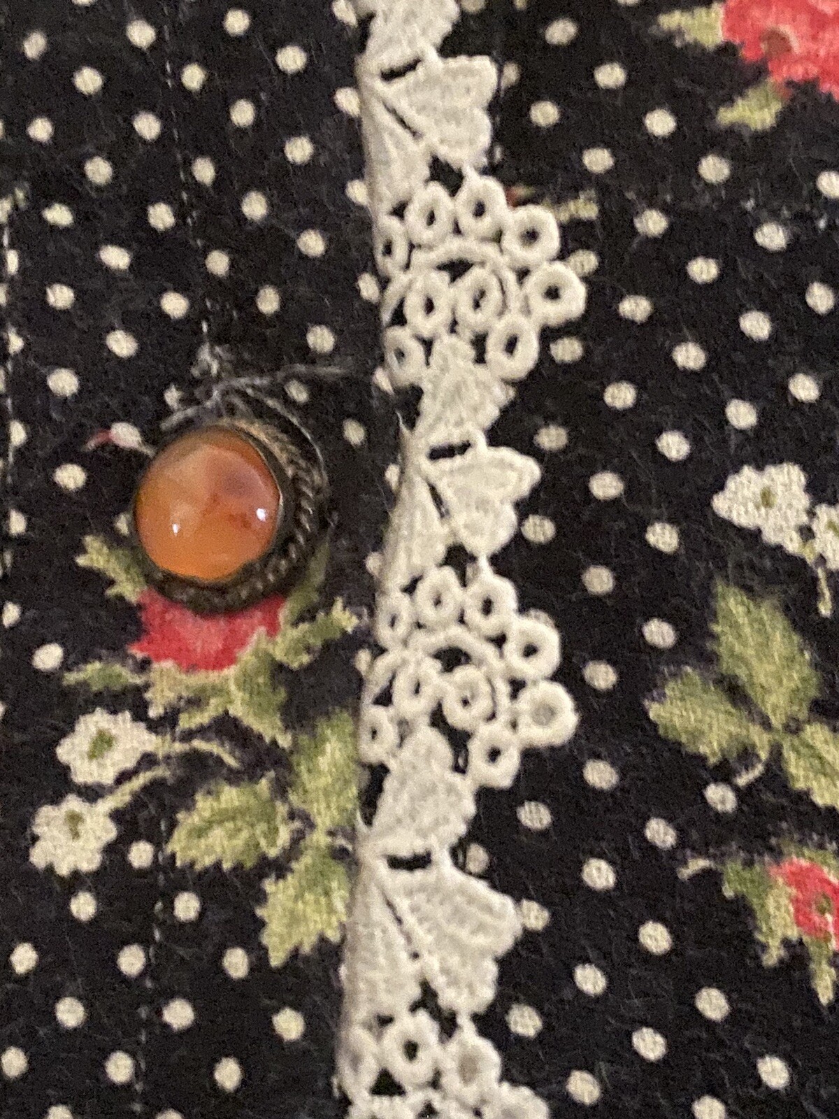 Vtg 70’s Liberty of London Black Polka Dot Rose Blouse W/ Agate Buttons