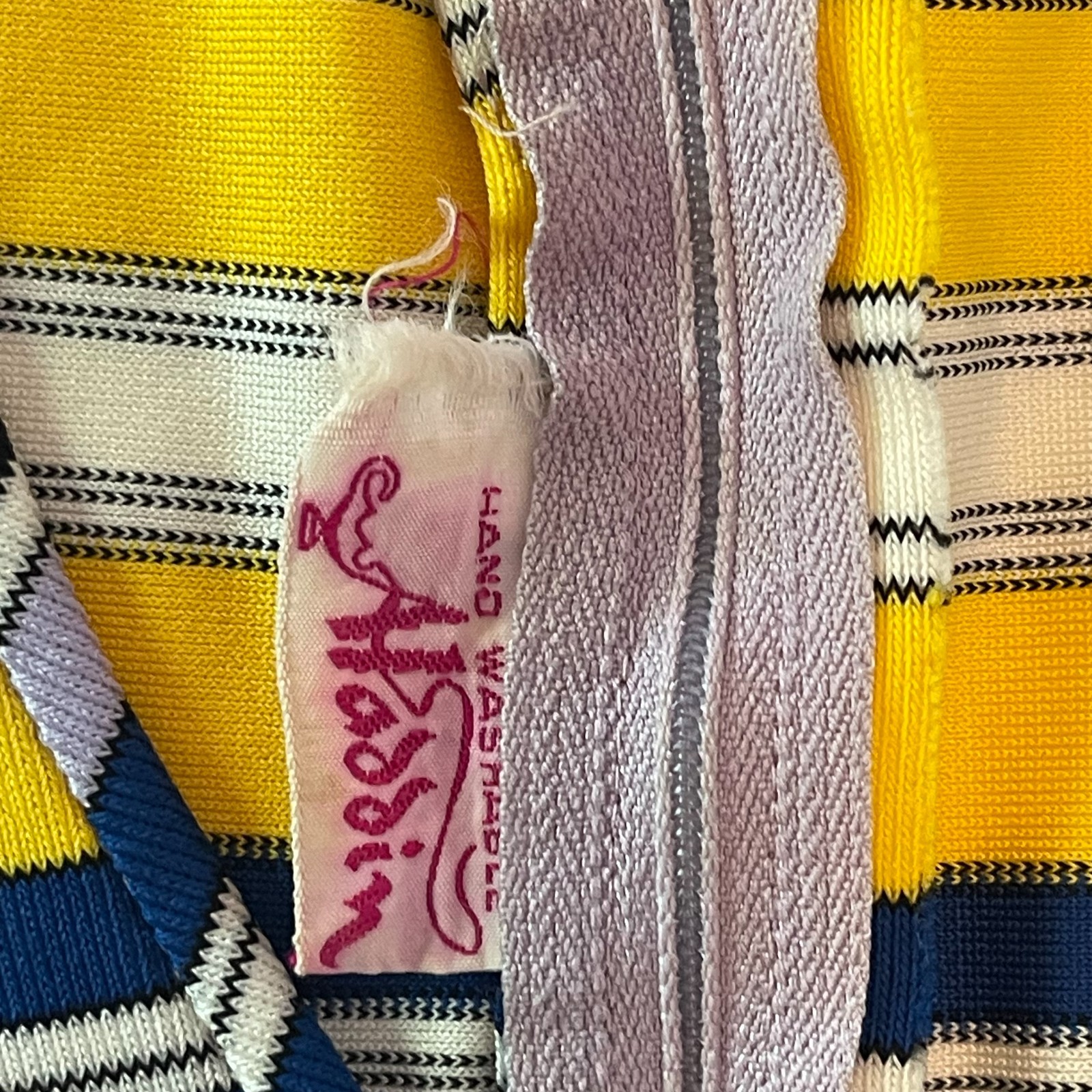 Vintage 60s Aladdin Striped Top Blouse Yellow Blue Purple V-Neck with Waist Tie