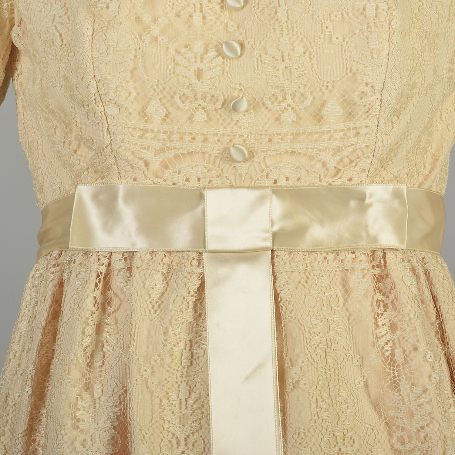XS 1970s Marshall Fields Cream Wedding Dress Lace Overlay Juliet Sleeve Maxi