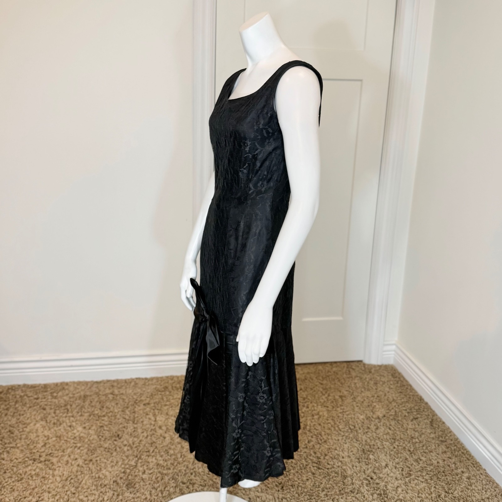 Vintage 50’s MERMAID LACE MIDI DRESS BOW Goth Drop Waist Cocktail Wiggle Prom