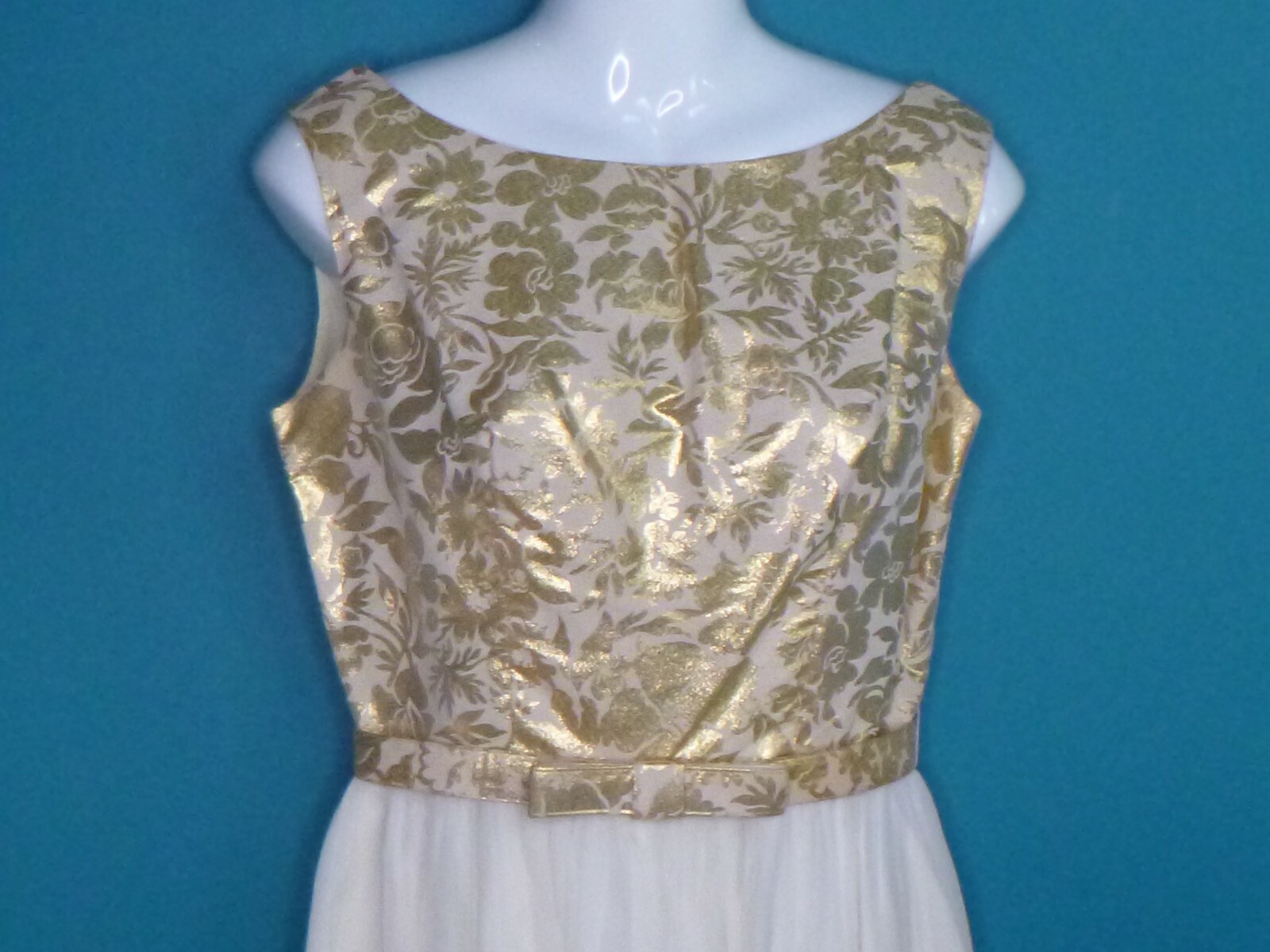 Vtg 60s Party Dress Gold Metallic Floral Bodice & Belt Cream Chiffon Skirt Sz 13