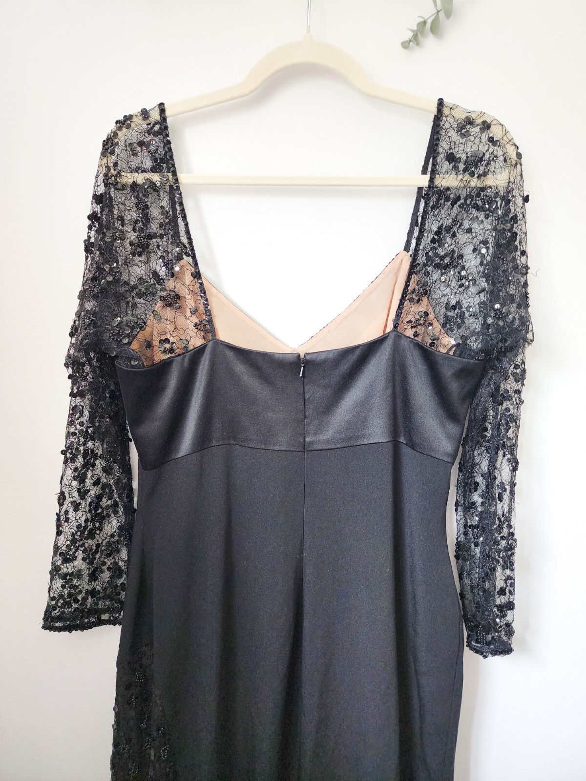RARE Vintage Saks Fifth Avenue Travilla Ebony Silk Beaded Gown W/ Lace Size 14