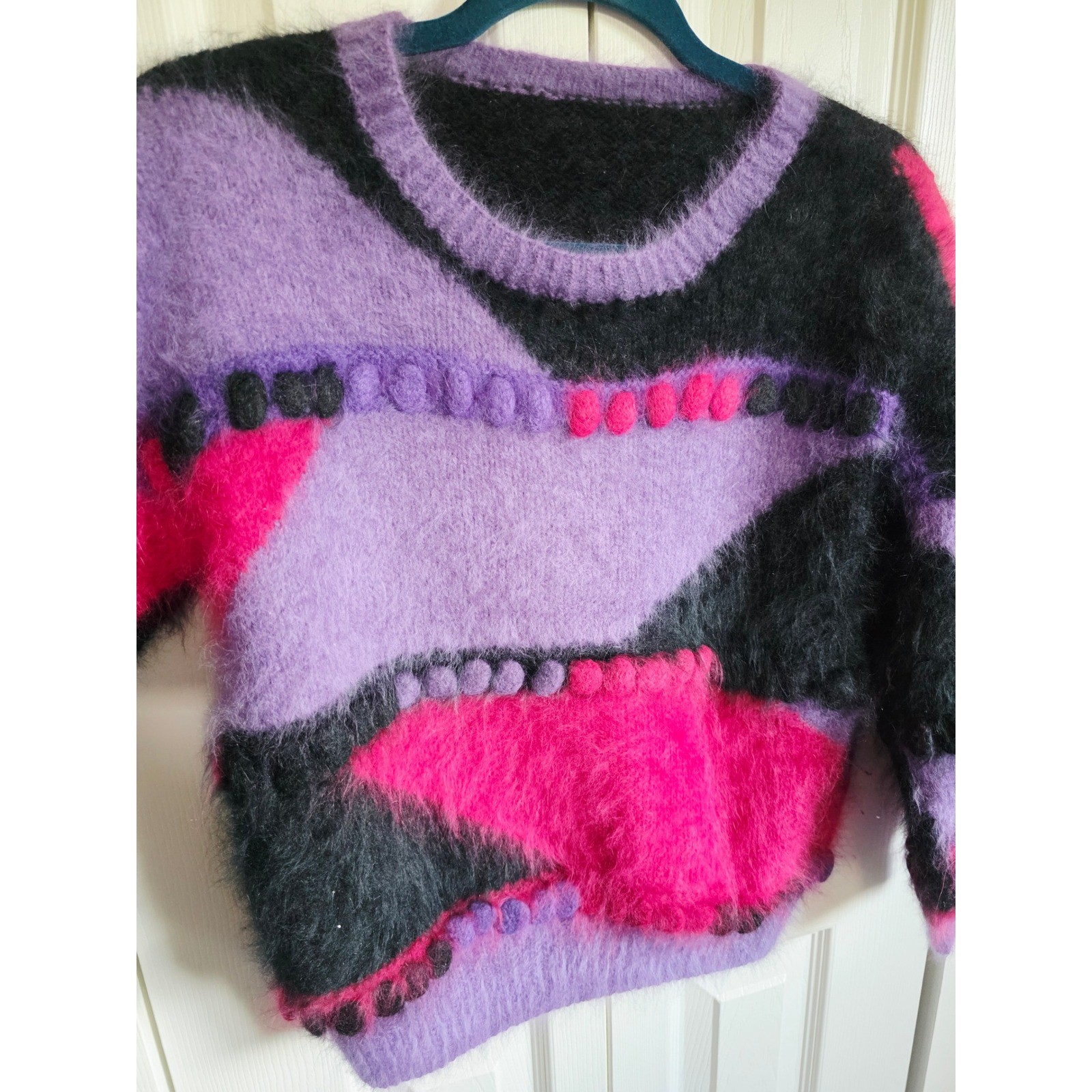 Vintage 80s L Angora Lambswool Abstract Colorblock Fuzzy Sweater Purple Pink