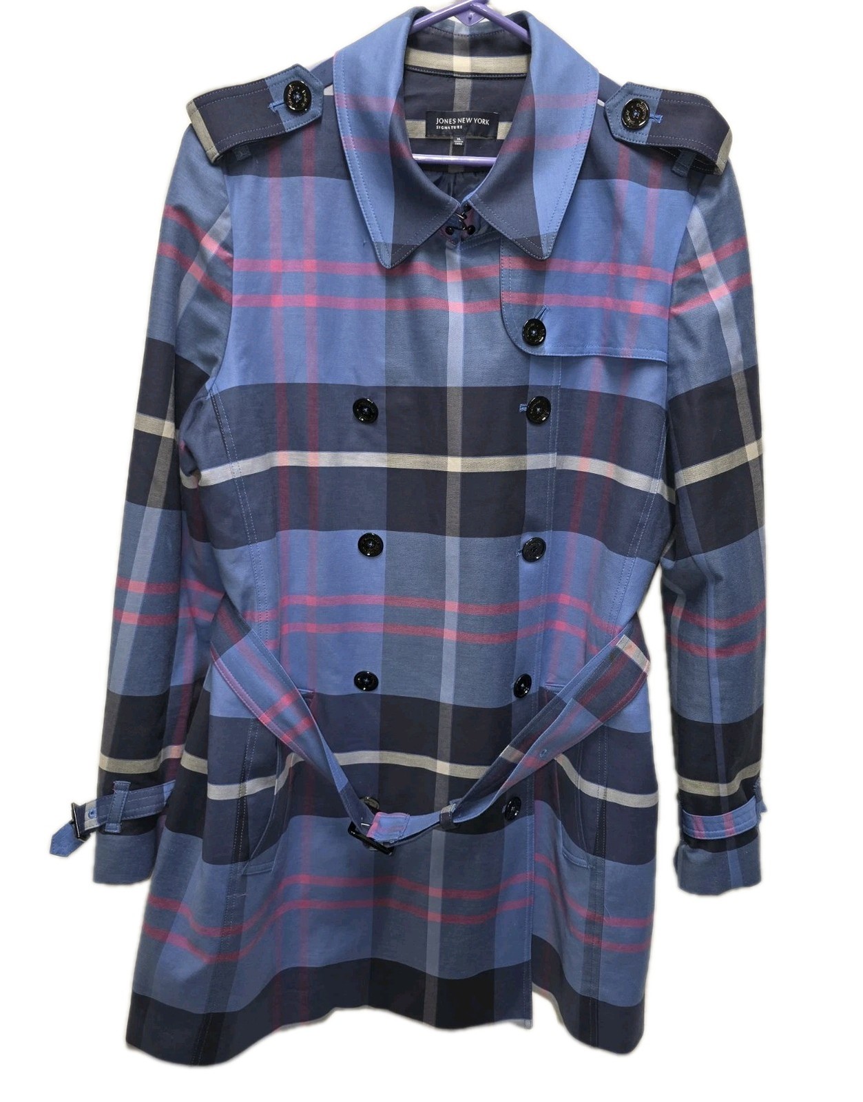 Vintage Jones New York Signature Blue Plaid Check Belted Trench Coat Size XL