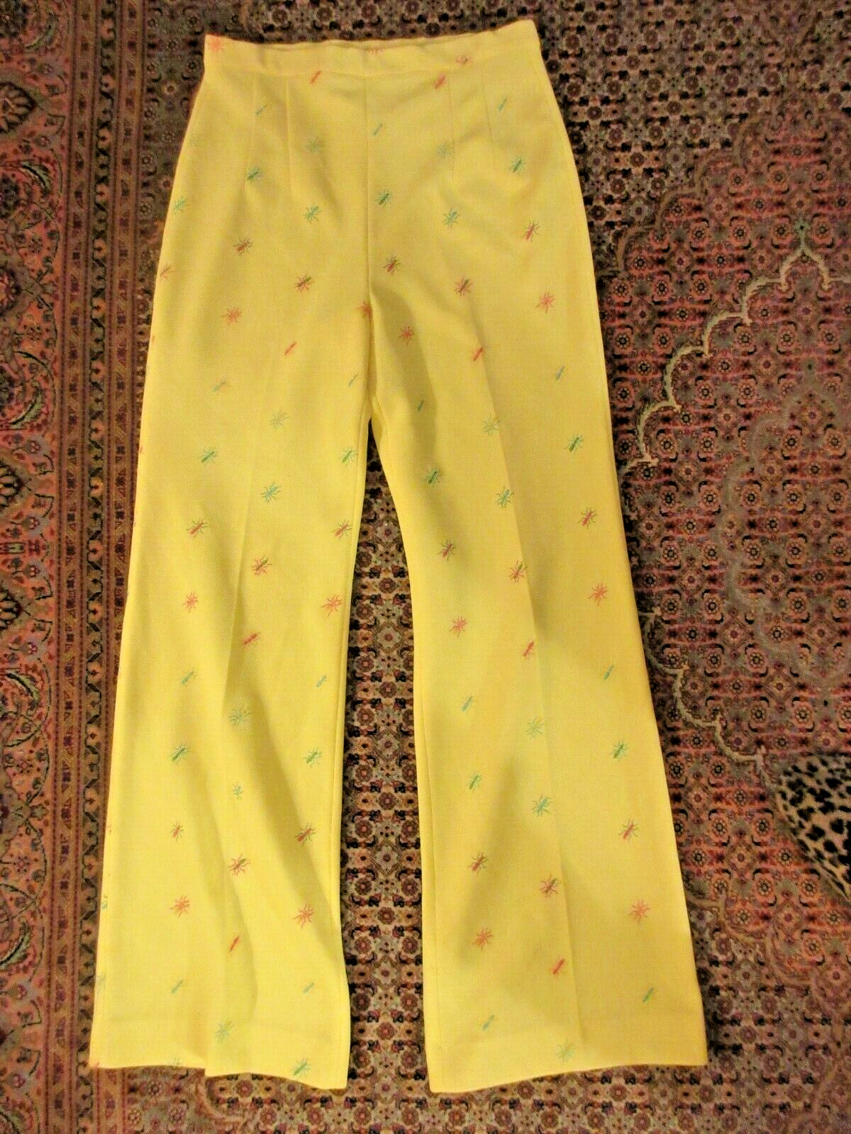 Vintage F.B. Horgan Sunny Yellow w/ Embroidery Ants Polyester Pants Womens sz 10