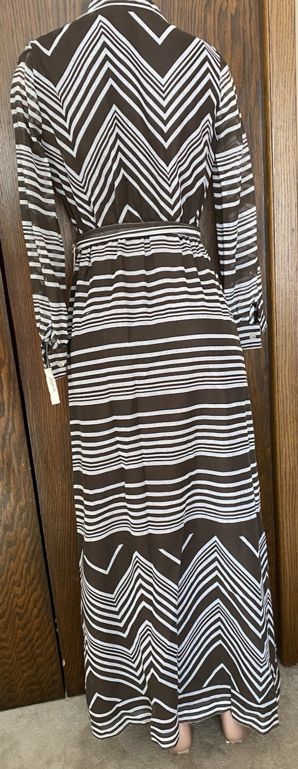 VTG 1963 Field-Schlick Women’s Striped Brown White Sheer Sleeve Maxi Dress NWT