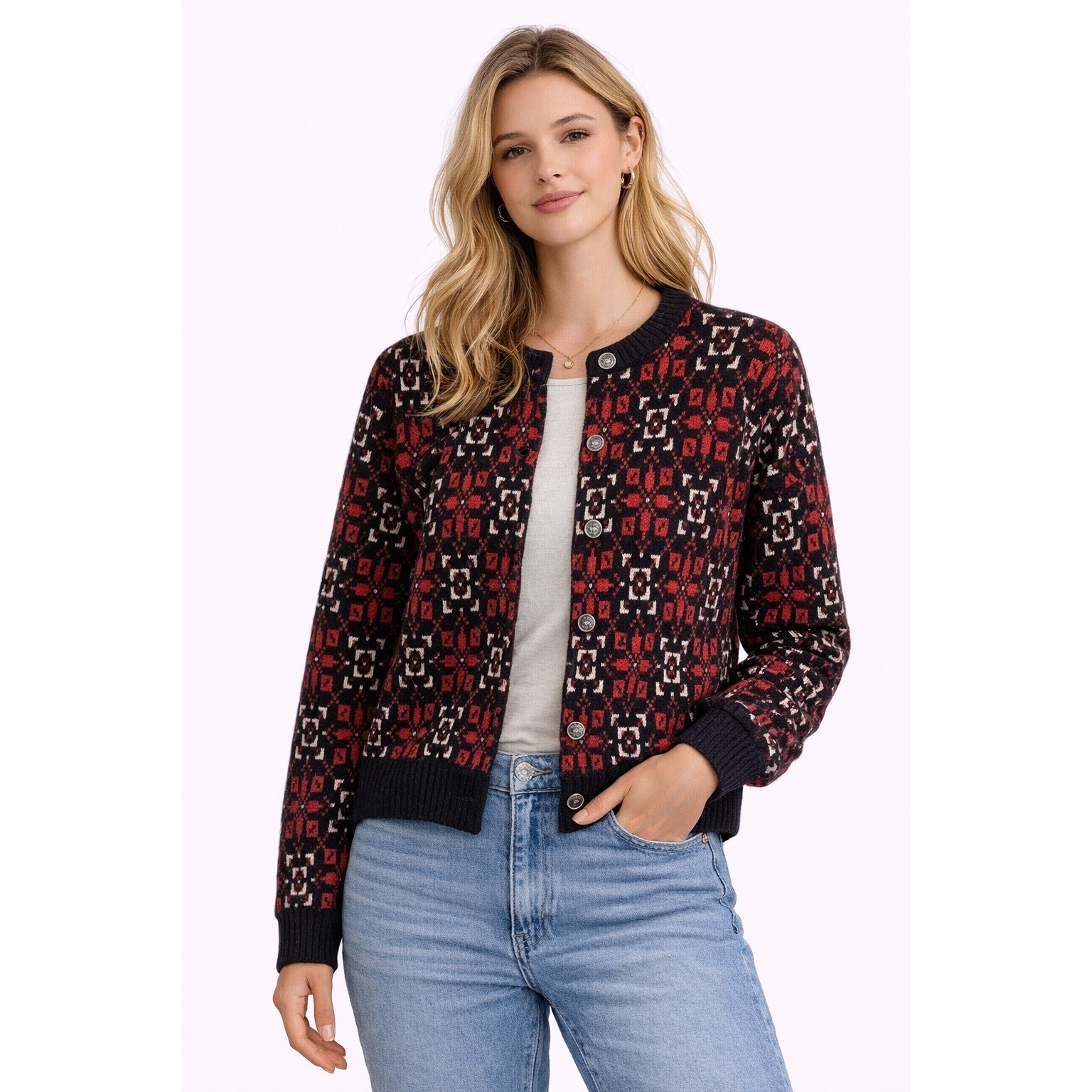 Jersild Cardigan Sweater Womens Medium Red Black Wool Fair Isle Vintage Nordic