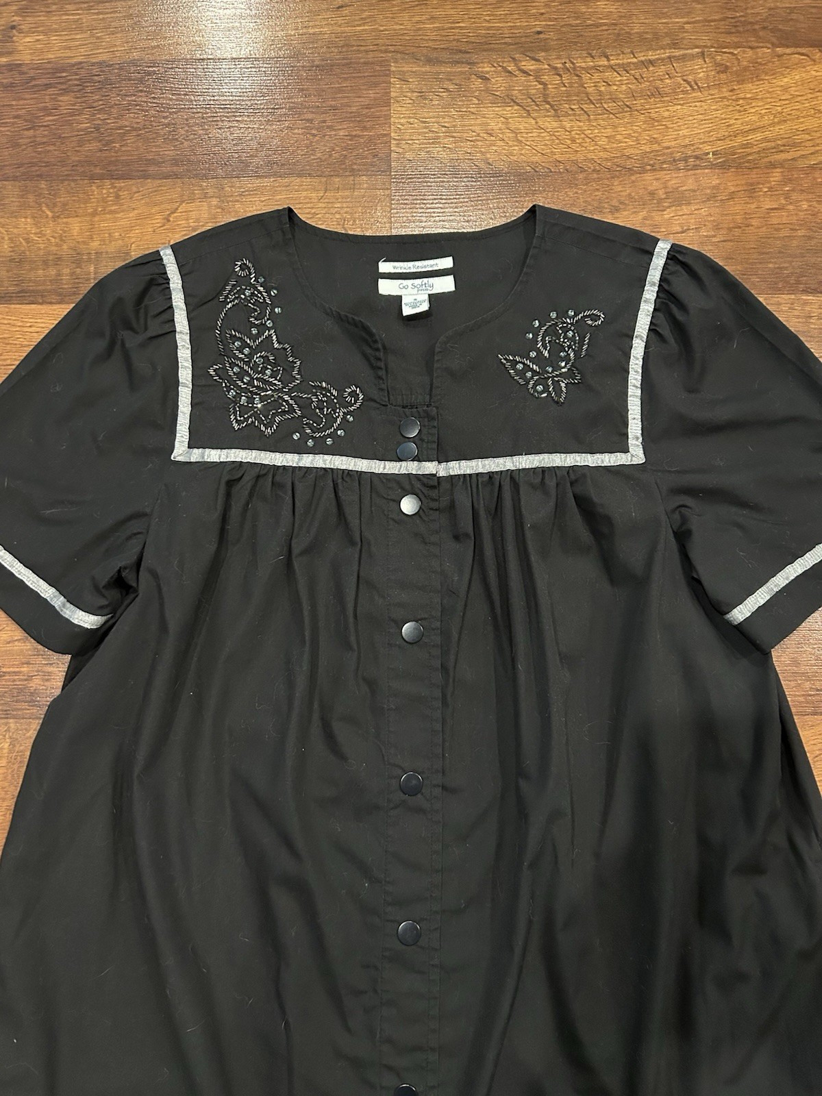 Vintage Go Softly Patio House Dress Black Embroidered Beaded Full Snap Small