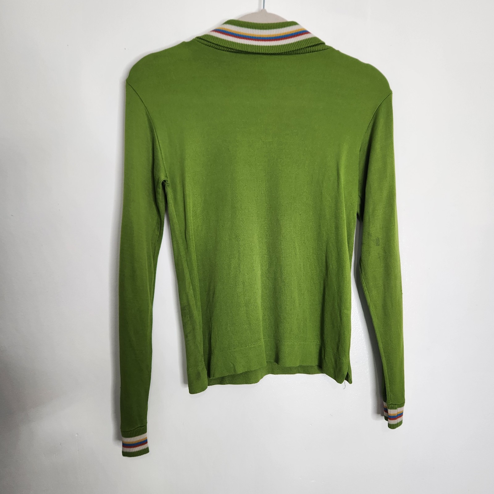 Vintage 70s Andrew Fifth Ave Avocado Green Turtleneck Shirt Rainbow Trim Size 14