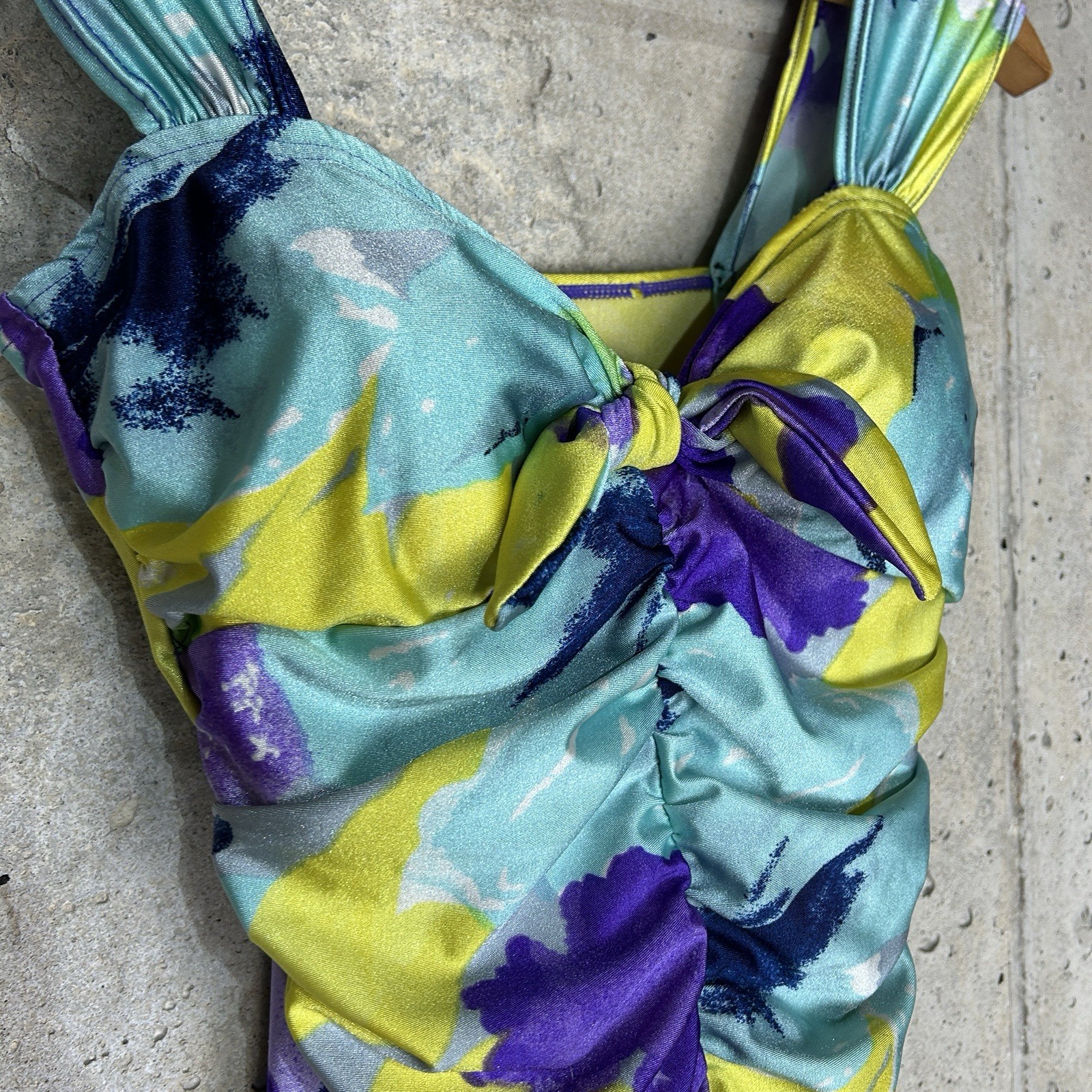 Vintage 90s Esther Williams one piece blue purple yellow abstract ruched 10/med