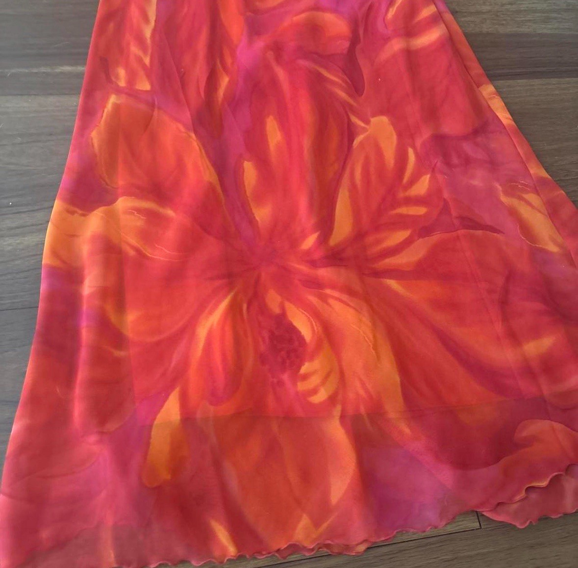 Vintage Meghan Matthew’s Orange Red Floral Sheer Midi Dress Size 10