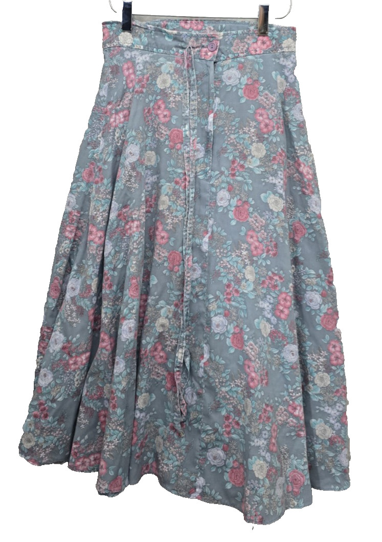 Vintage 80s Kayo of California Floral Midi Skirt Blue Gray Trad Cottagecore