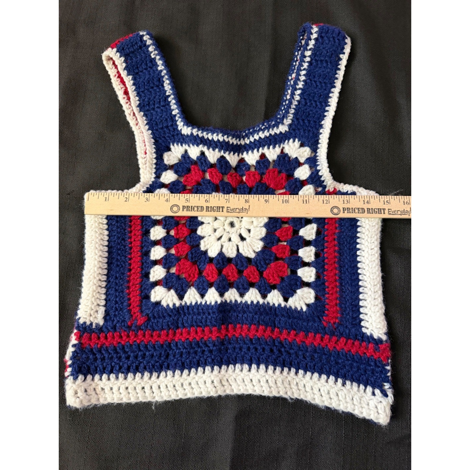 VTG Handmade Crochet Granny Square Tank size small 70s Style Red White Blue