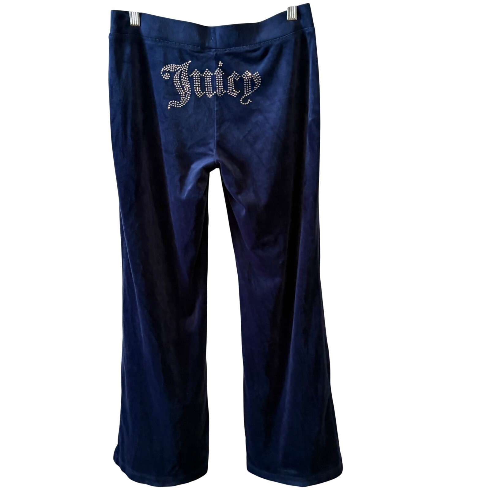 Juicy Couture Navy Blue Velour Track Pants with Rhinestone Spell Out in Size M