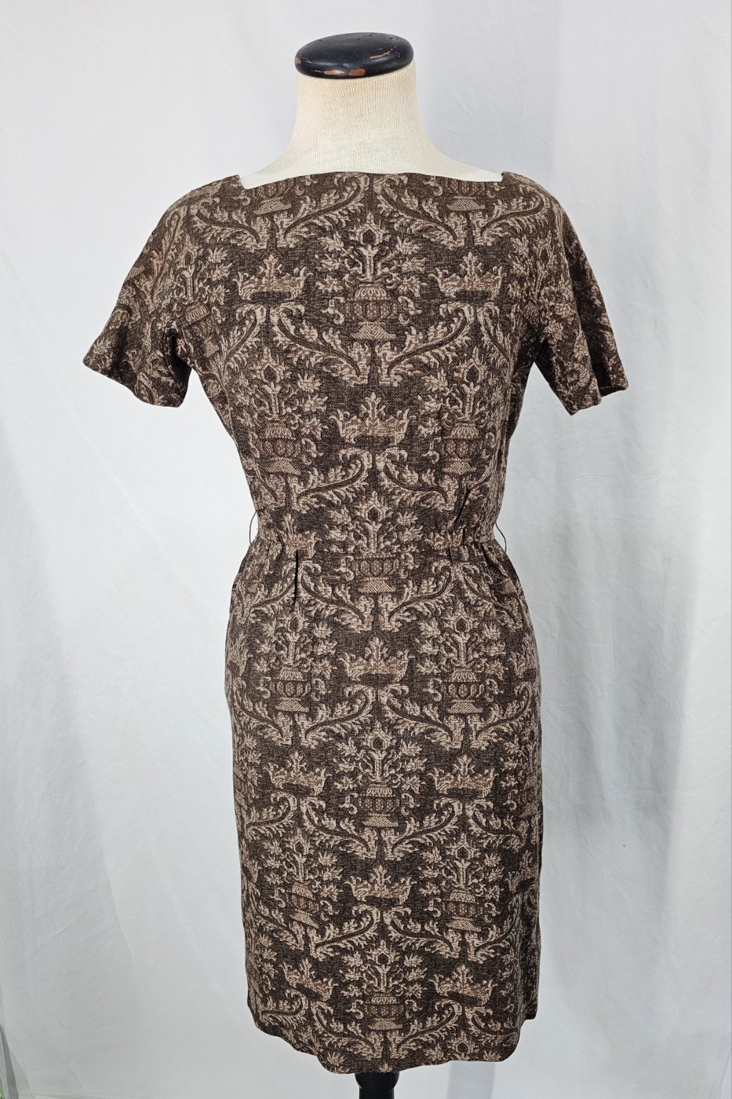 Vintage 1960s Lang Originals Brown Tapestry Sheath Dress | Lined | Short Sleeve