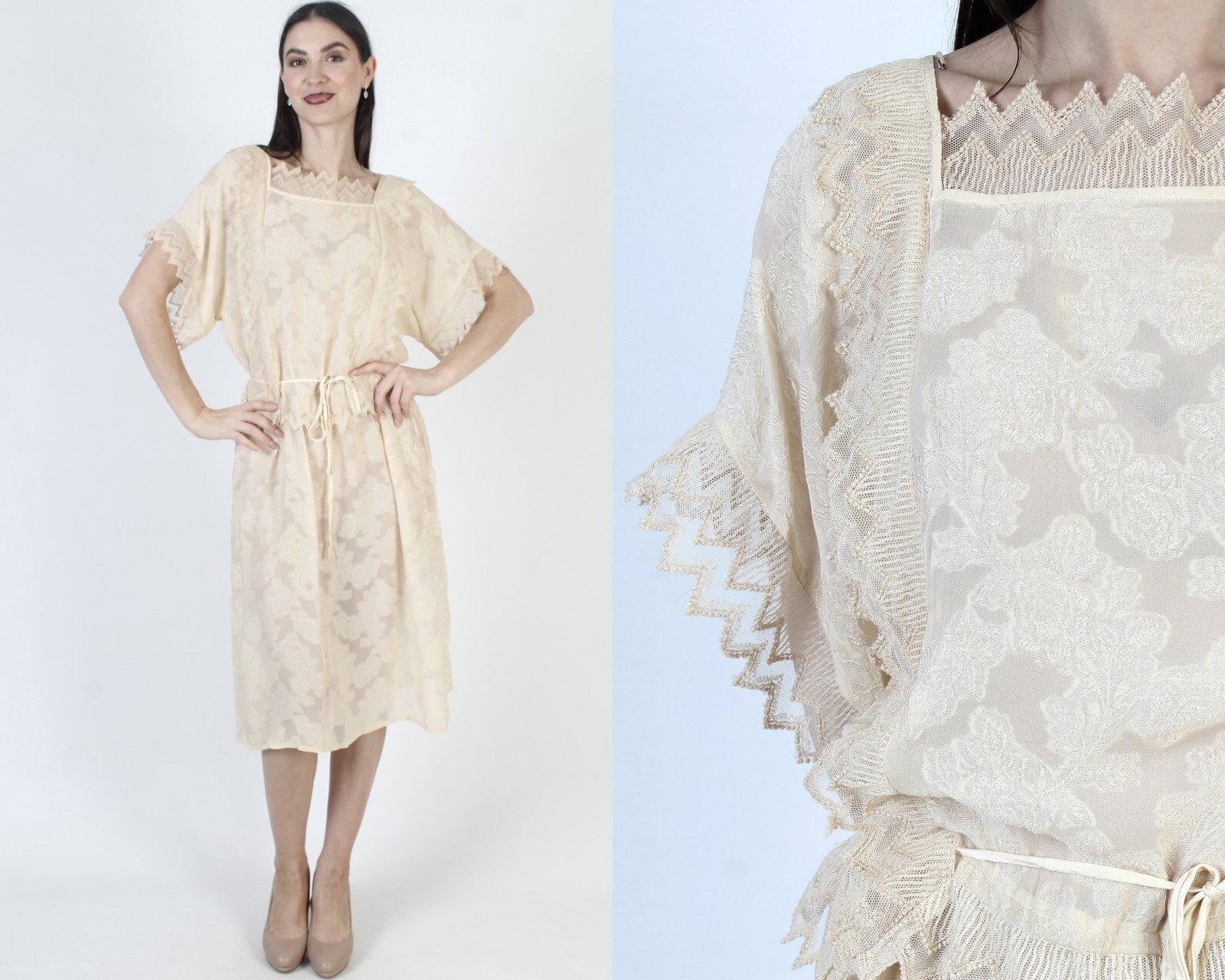 Vtg Cream Silk Dress Belted Victorian Deco Flapper Beige Shift Evening Gown 12