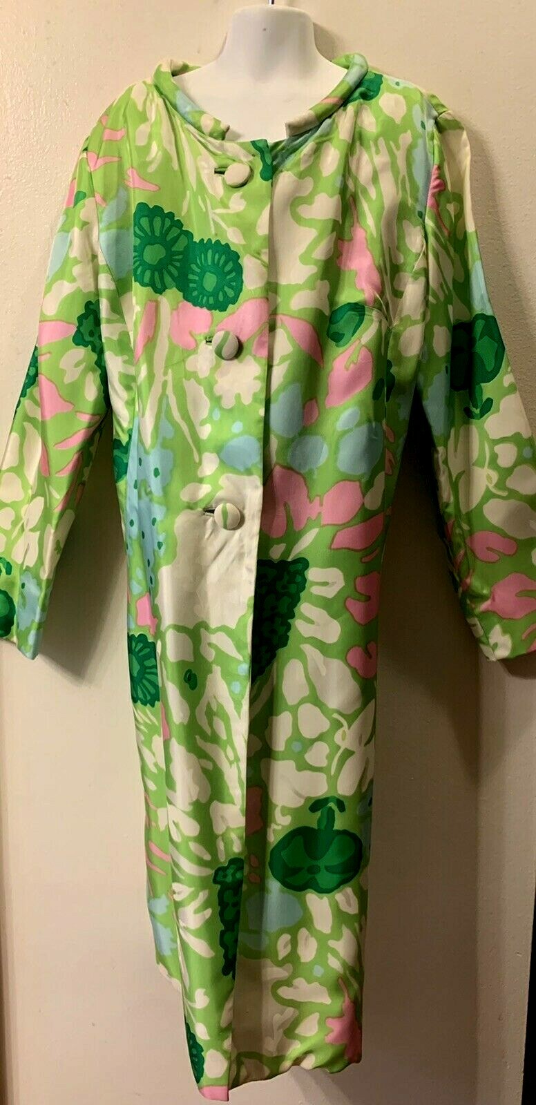 1960s Jacket COAT Small 3/4 Length TEFFTS MIAMI Flower Power Boho Green Pink Vtg