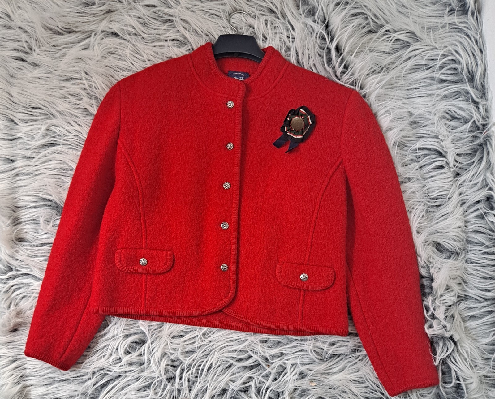 Vintage Allen Solly Red Boiled Wool Jacket Cardigan Sz M/14 Ribbon Pin Pewter
