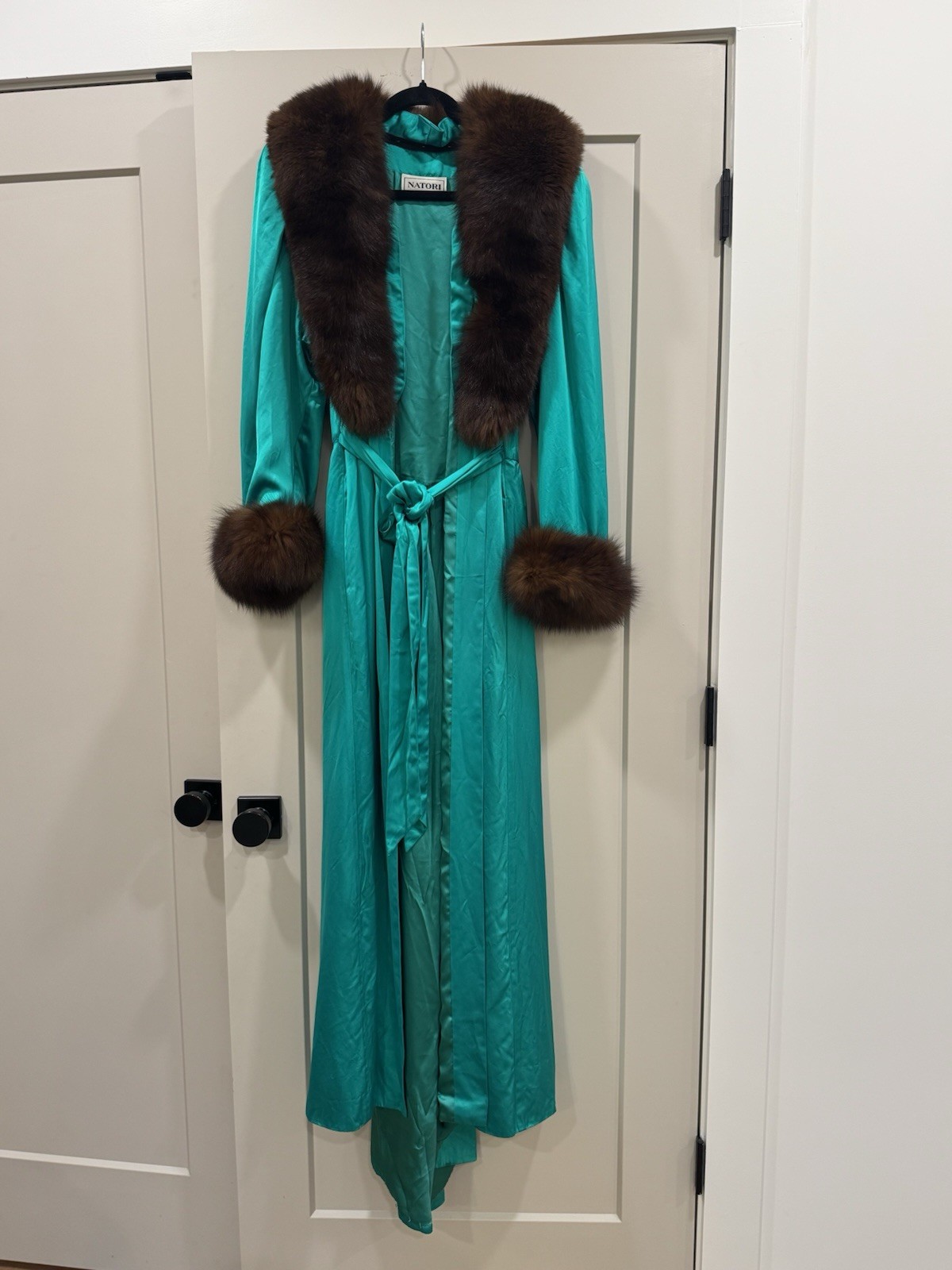 Vintage Natori Dressing Gown Jade Green Fur Trim Hollywood Regency Gatsby Robe