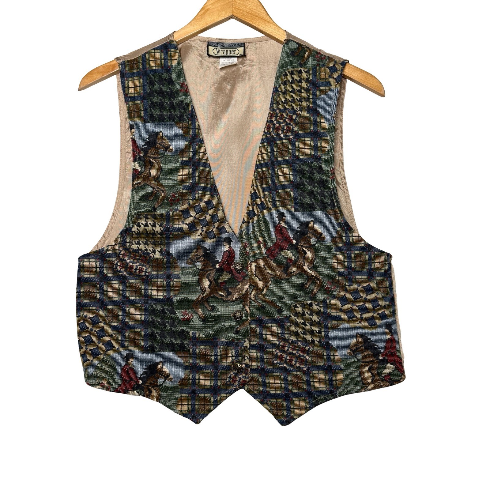 Vintage Wrapper Equestrian Tapestry Vest Womens Large Fox Hunt Plaid Made in USA