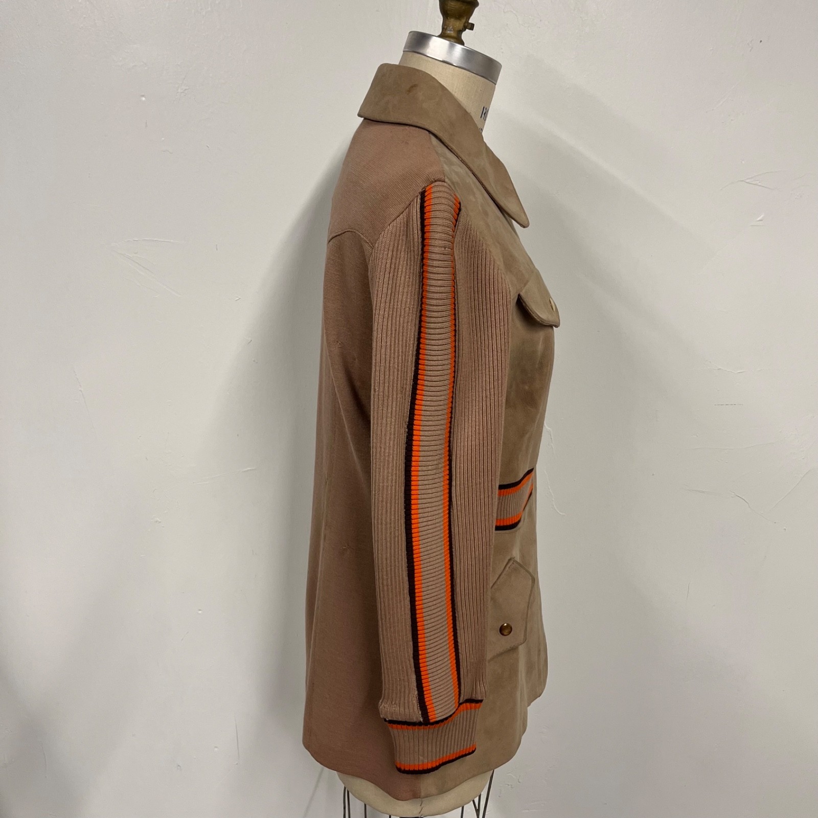 Vintage 1970s Penneys Suede Leather Car Coat Size 12 Brown Rib Knit Wool Medium