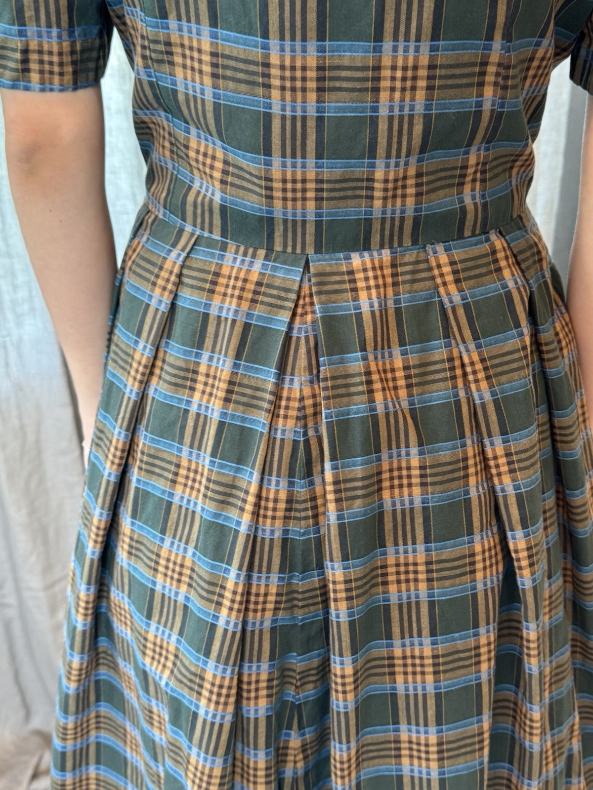 Vtg 50s Plaid Cotton Shirtwaist Dress Full Pleated Skirt M