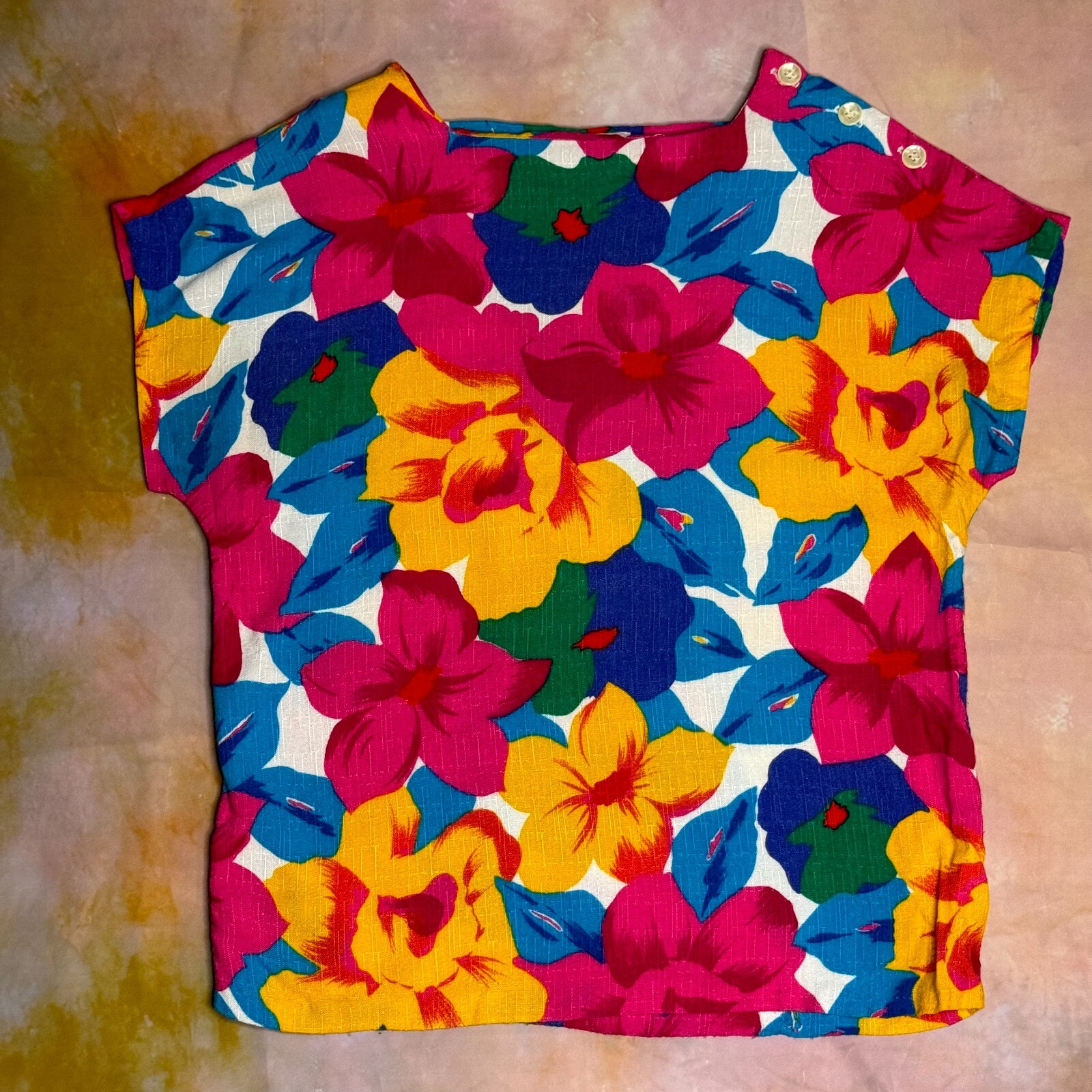 Vintage Womens Blouse rrrrruss togs Tropical Hawaiian Floral Print Top Medium