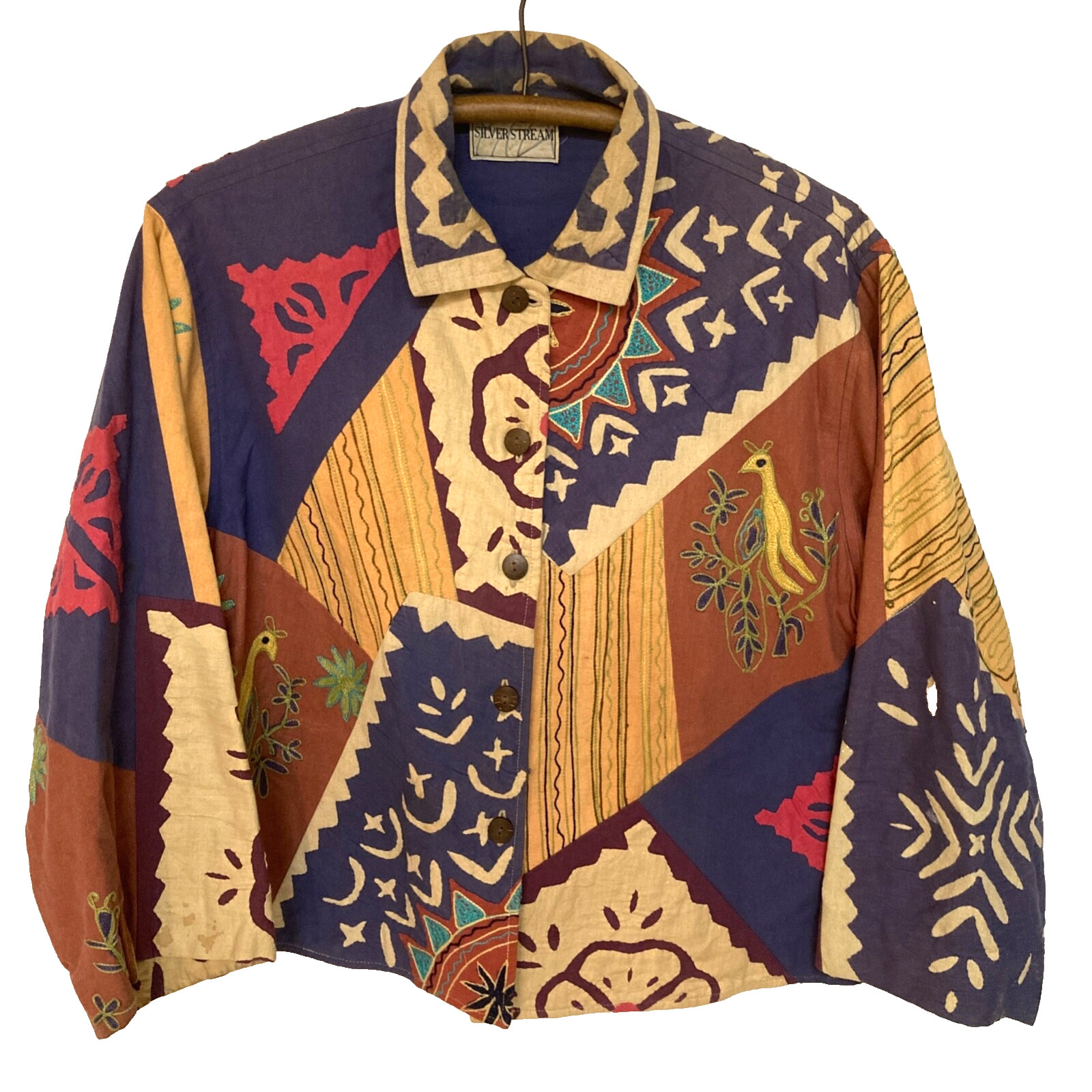 Vintage 80s Silver Stream Jacket Art To Wear Quilted & Embroidered Multicolor