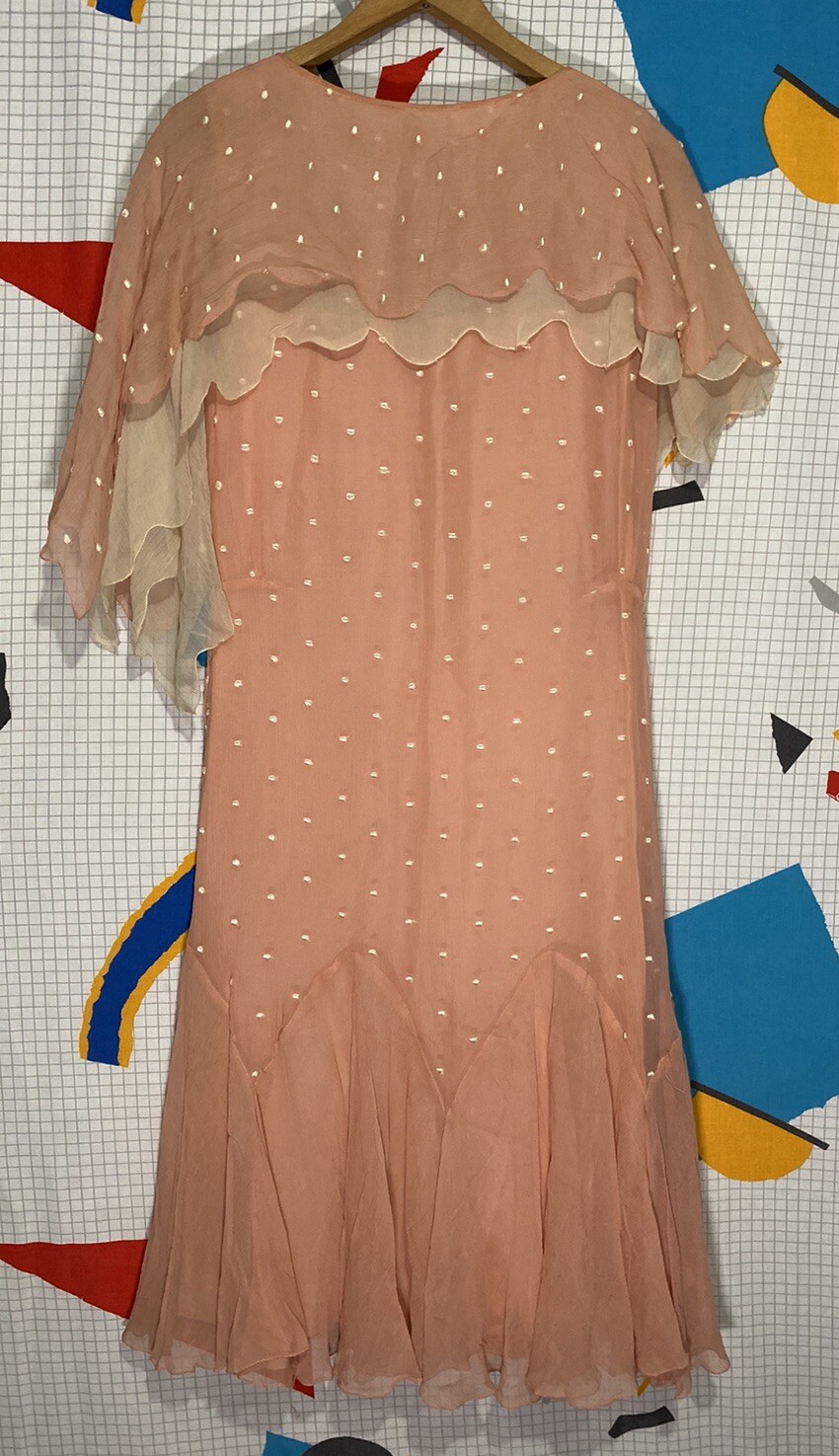 Vintage 20s Silk Flapper Dress Art Deco Drop Waist Asymmetrical Polka Dot Crepe