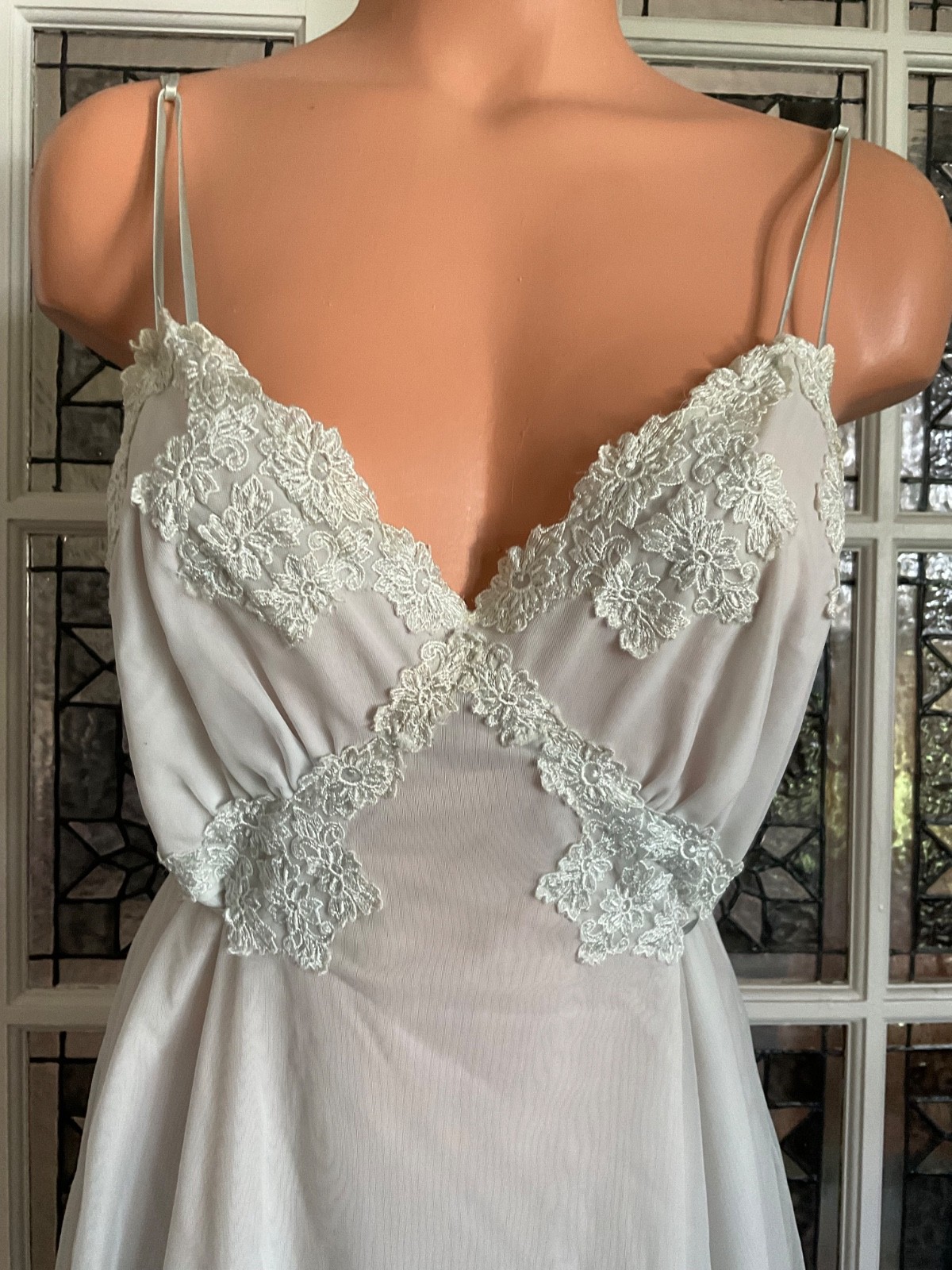 Vintage Gotham Gold Stripe Blue Nightgown Chiffon Nylon Lace Trim Size 36 USA
