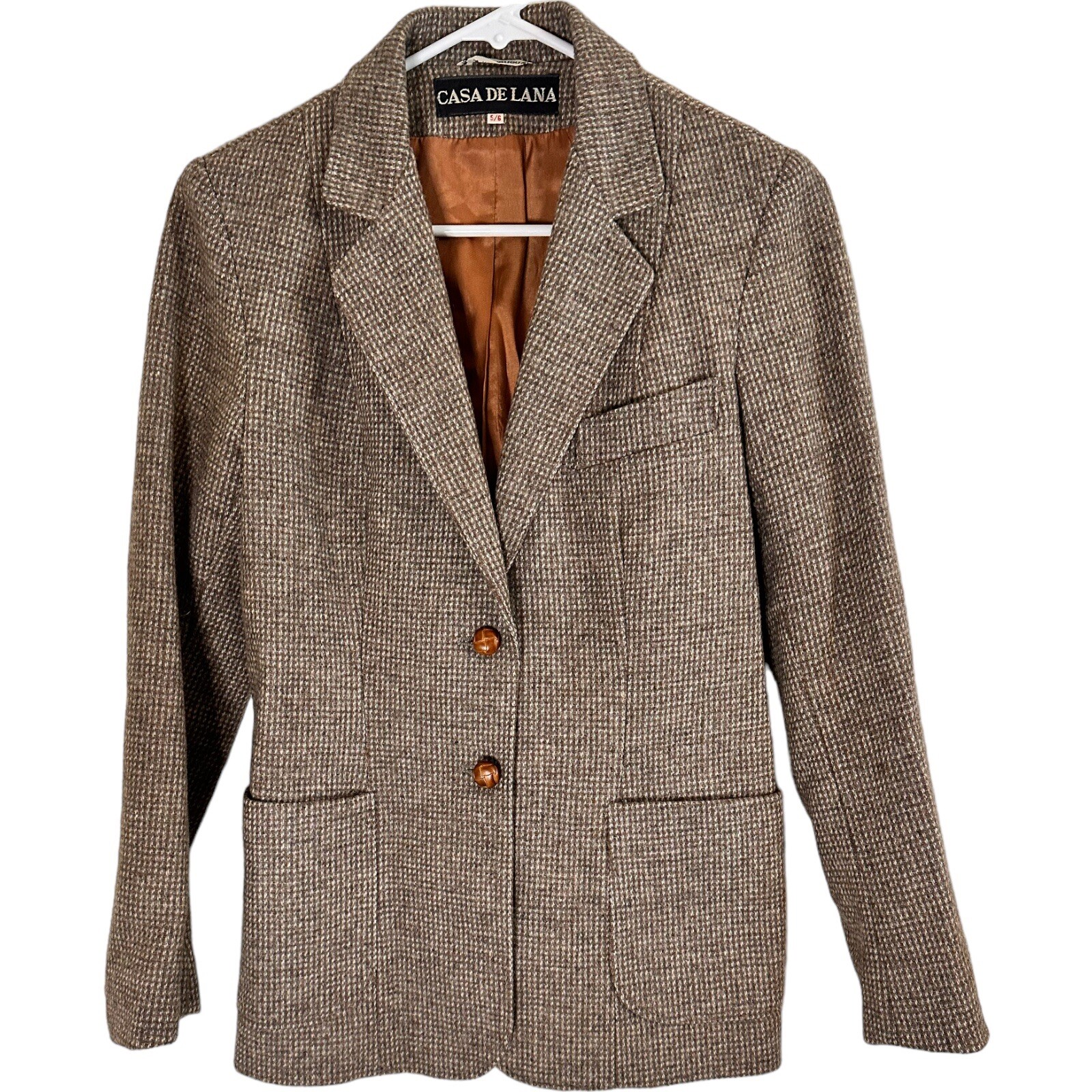 Vintage Casa De Lana Women’s 4/6 Wool Tweed Blazer Beige Houndstooth Lined