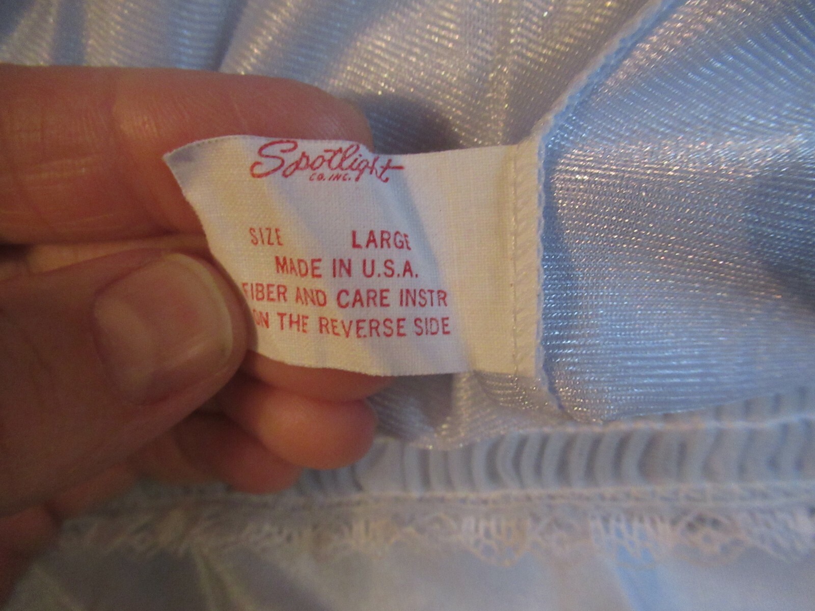 Vintage Spotlight Light Blue Nylon Shimmer Ruched Lace Trim Sleeveless Nighty L