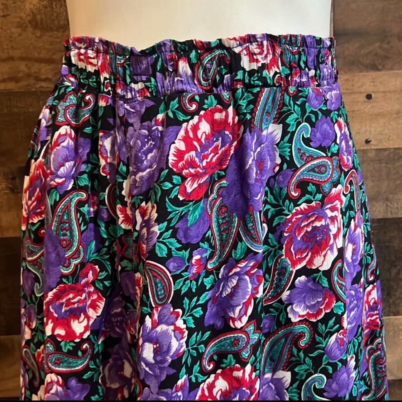 Vintage Floral Paisley Pink Purple Green Midi Flowy Skirt Cottagecore Small