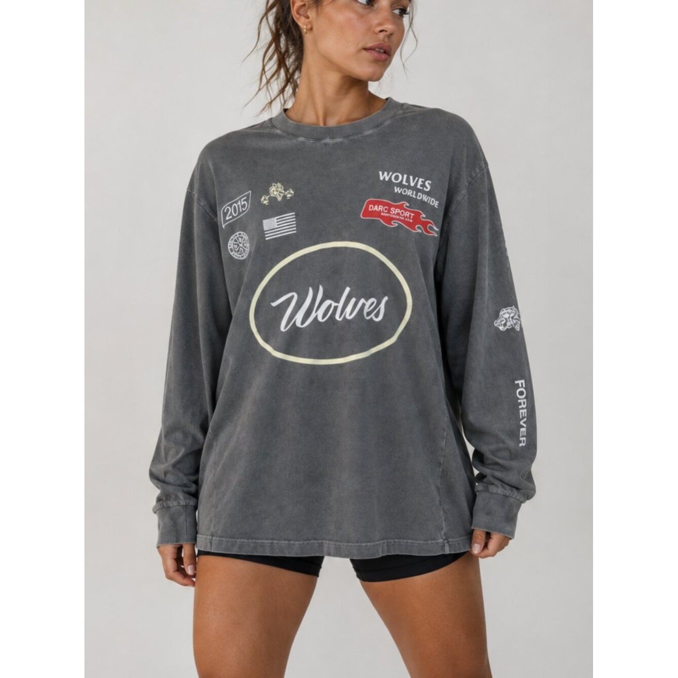 Darc Sport Wolves Club Long Sleeve Tee Oversized Acid Wash She Size Small