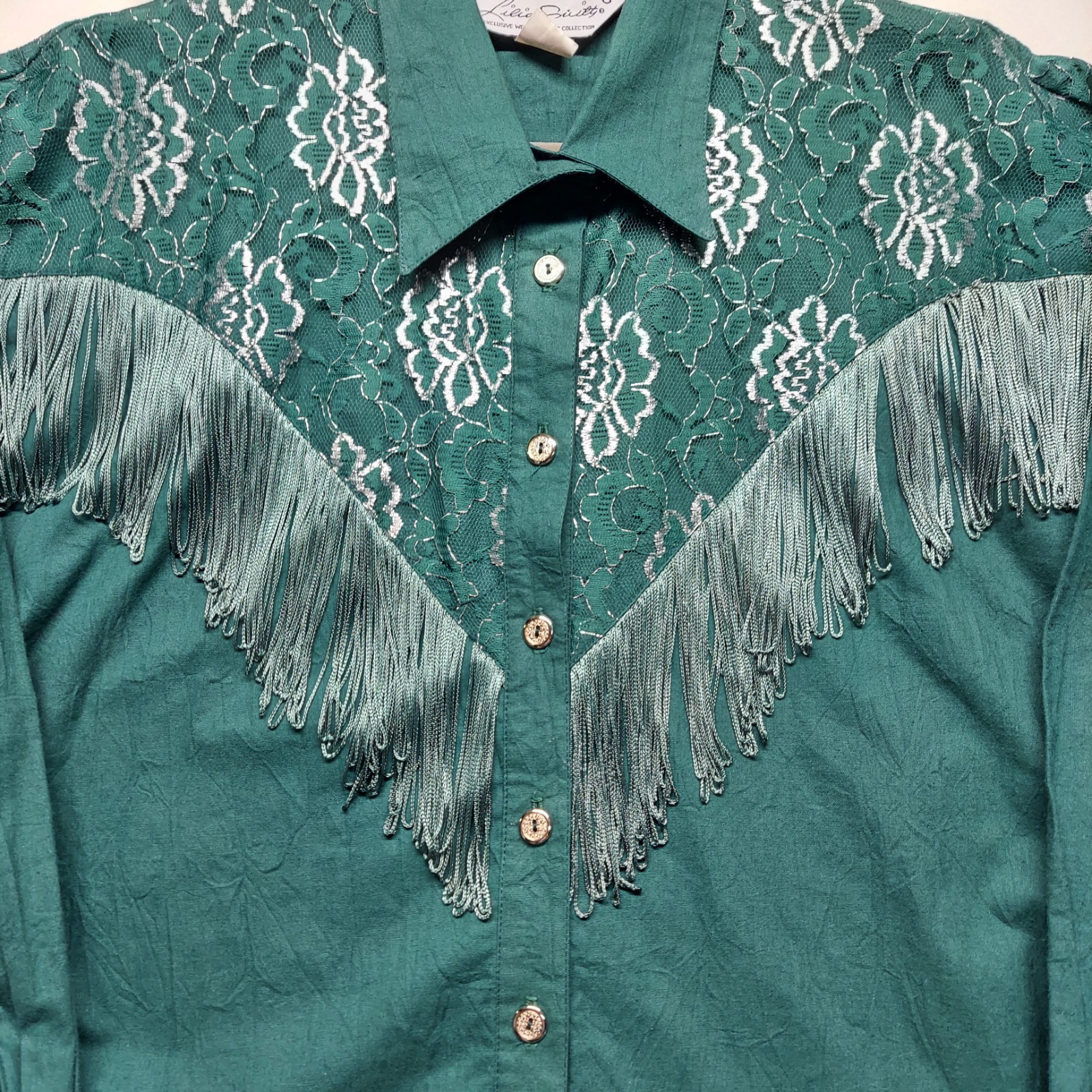 VTG 80’s Lilia Guilty Western Cowgirl Blouse XL Green Metallic Lace Fringe USA