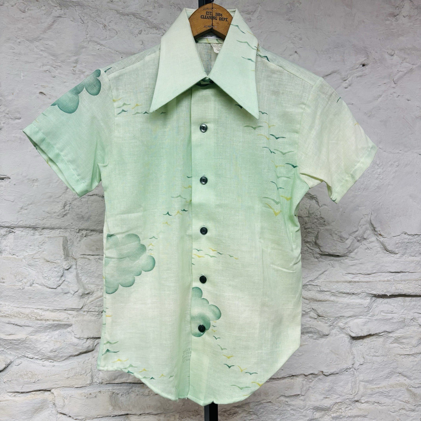 Campus New Breed Dagger Collar Shirt Cloud Bird Print Vintage 1970s USA Mod XS