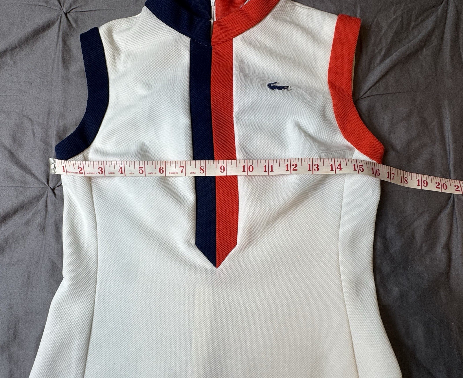 Vintage 1970s Lacoste Tennis Dress Sleeveless Shift Cut Red & Navy Trim Women XS