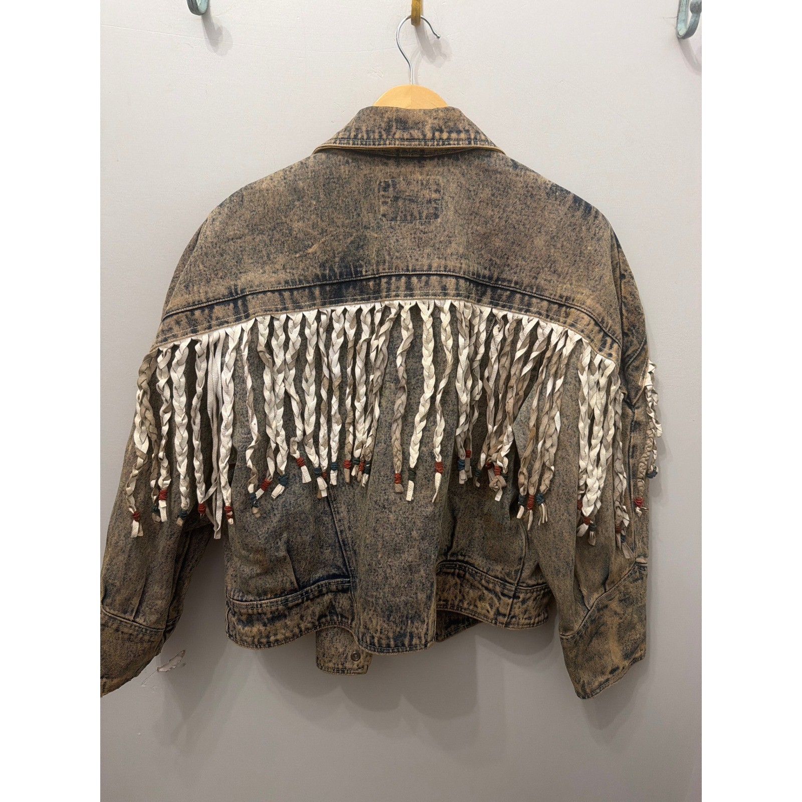 Vtg 80s Stefano International Western Acid Wash Denim Jacket Leather Fringe L