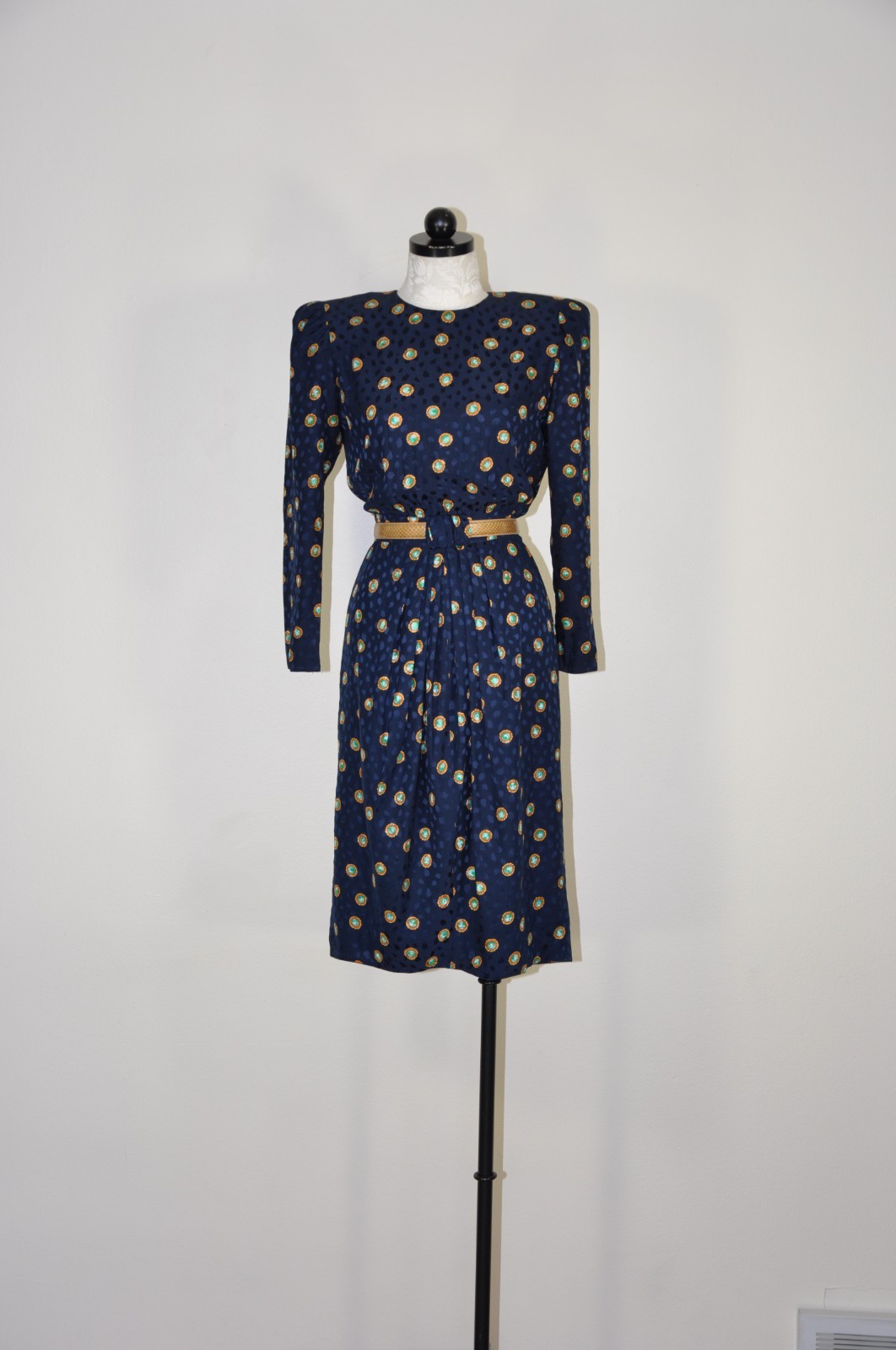 80s Vintage Navy Blue Silk Gemstone Print Puff Sleeve Back Buttons Dress Women S