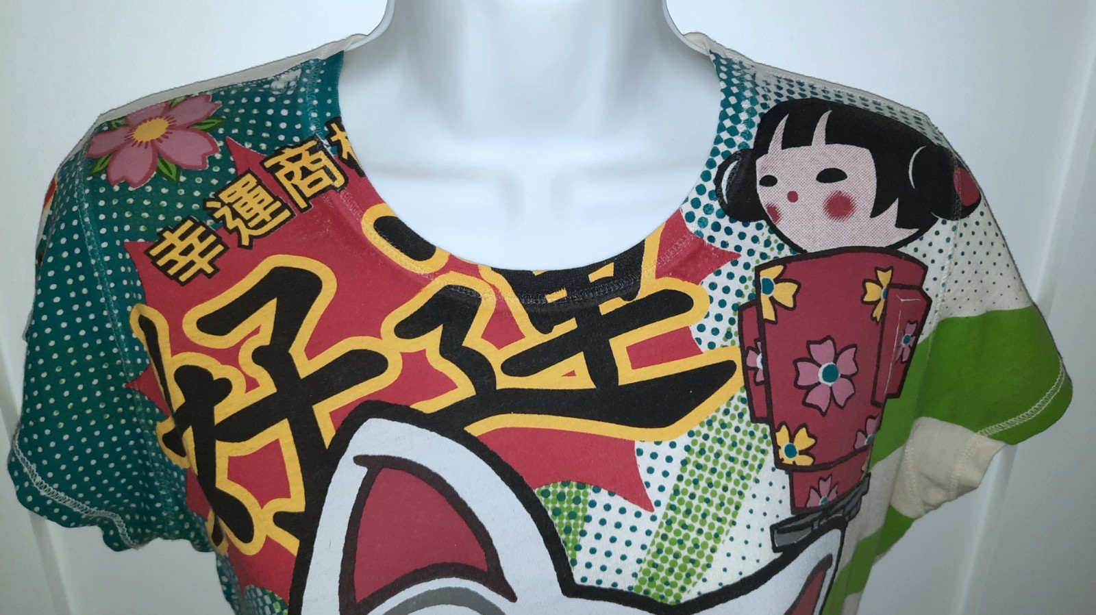 Lucky Brand Vintage Maneki-Neko Lucky Cat & Kokeshi Doll Jrs T-Shirt Sz L READ🌼