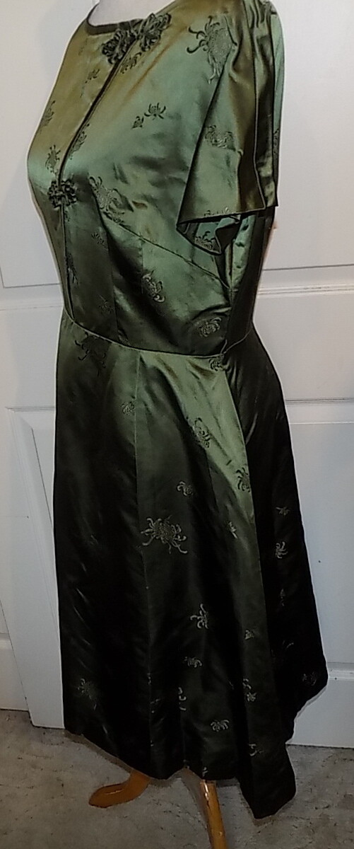 Vintage 60s Olive Green Satin Brocade Dress Jacket Set Hong Kong B40 ***