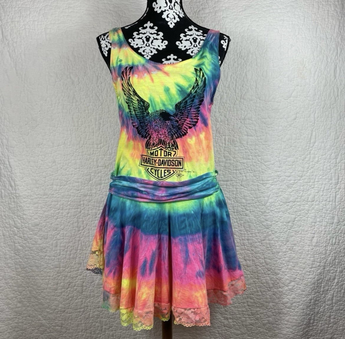 RARE VTG Harley Davidson Dress 1987 Holoubek Tie Dye Grunge Mini Flare Dress