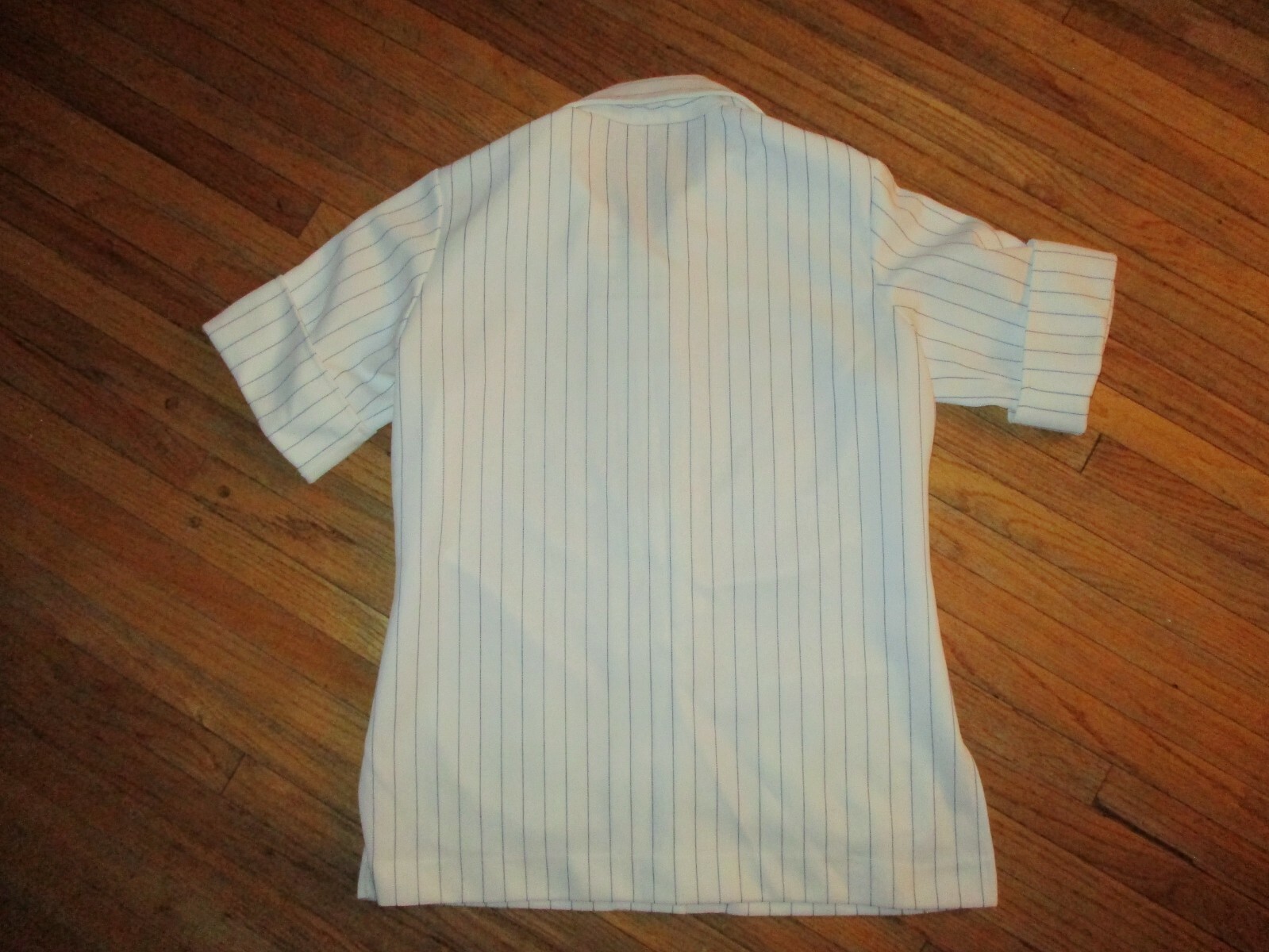 vtg 70s DOUGLAS MARC POLYESTER SHIRT Blouse Top White Blue Pinstripe Eagle USA