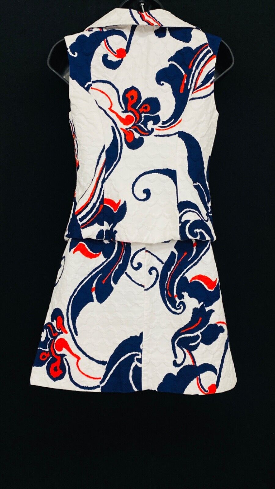 Vintage 1970s white mini skirt vest top dress suit outfit set, red blue XS