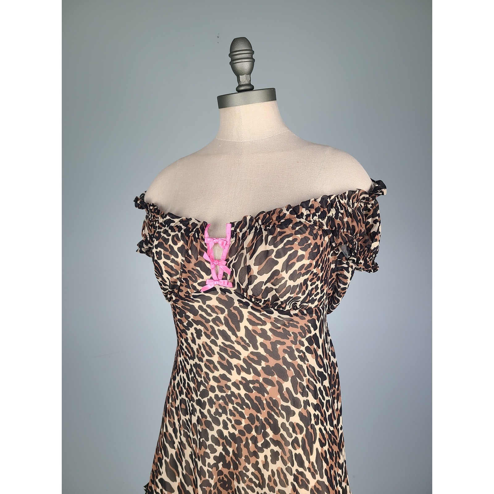 Y2K Betsey Johnson Sz S Mini Babydoll Dress Leopard Print Hot Pink Bows It Girl