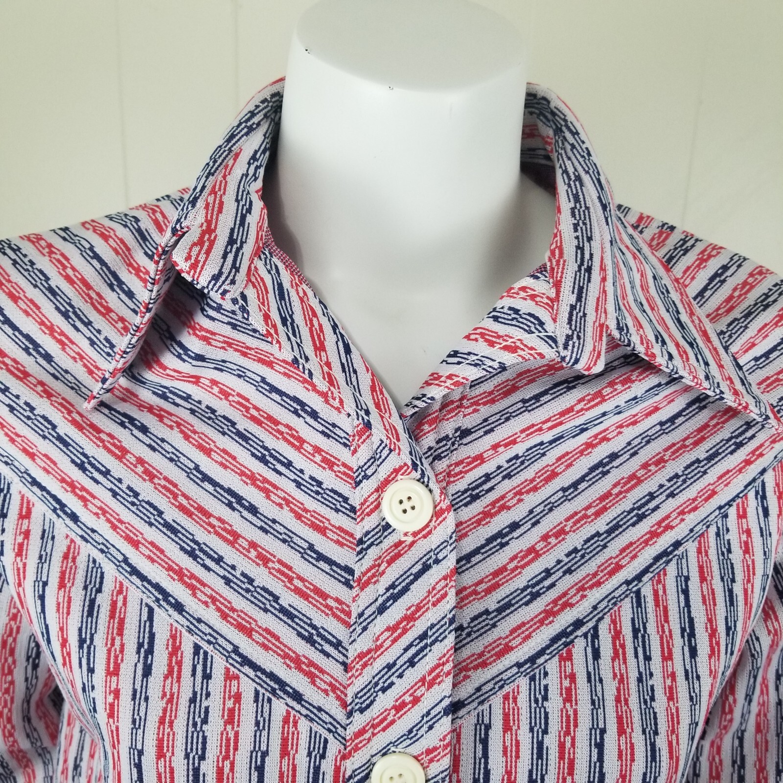 Vtg Big Collar Shirt 12 M 8 Red White Blue 70s Button Stripe Rockabilly Poly