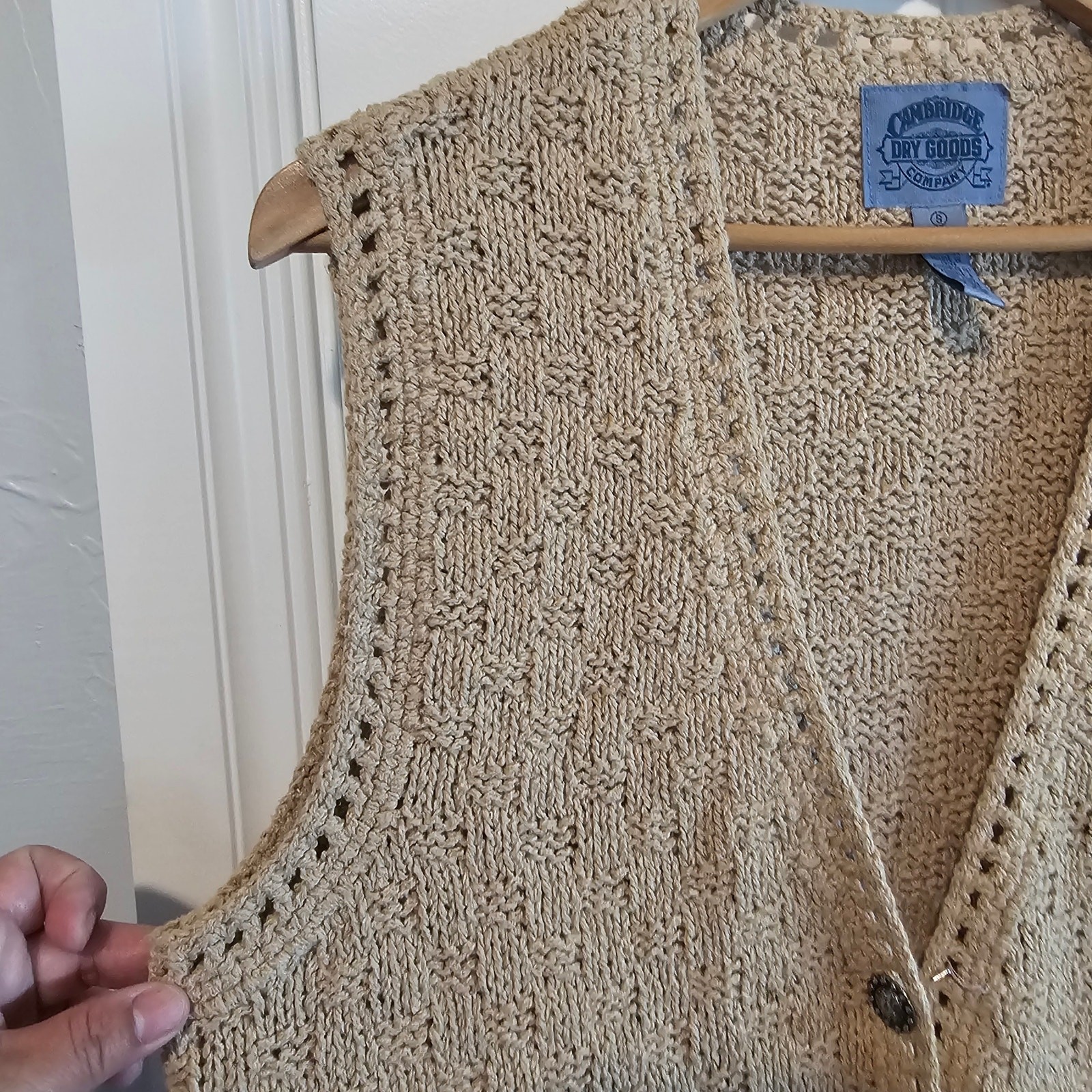 Vintage Cambridge Dry Goods Sweater Vest Women Lg Tan Floral 90s Crochet Cottage