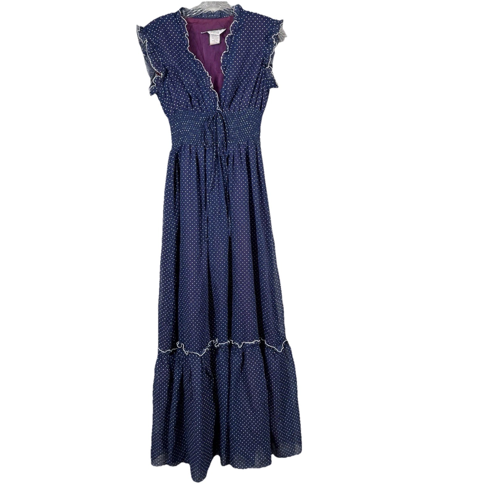 Vtg Ruffle Maxi Dress Sheet Blue Polka Dot Over Lining JC Penny Women Sz 11/12