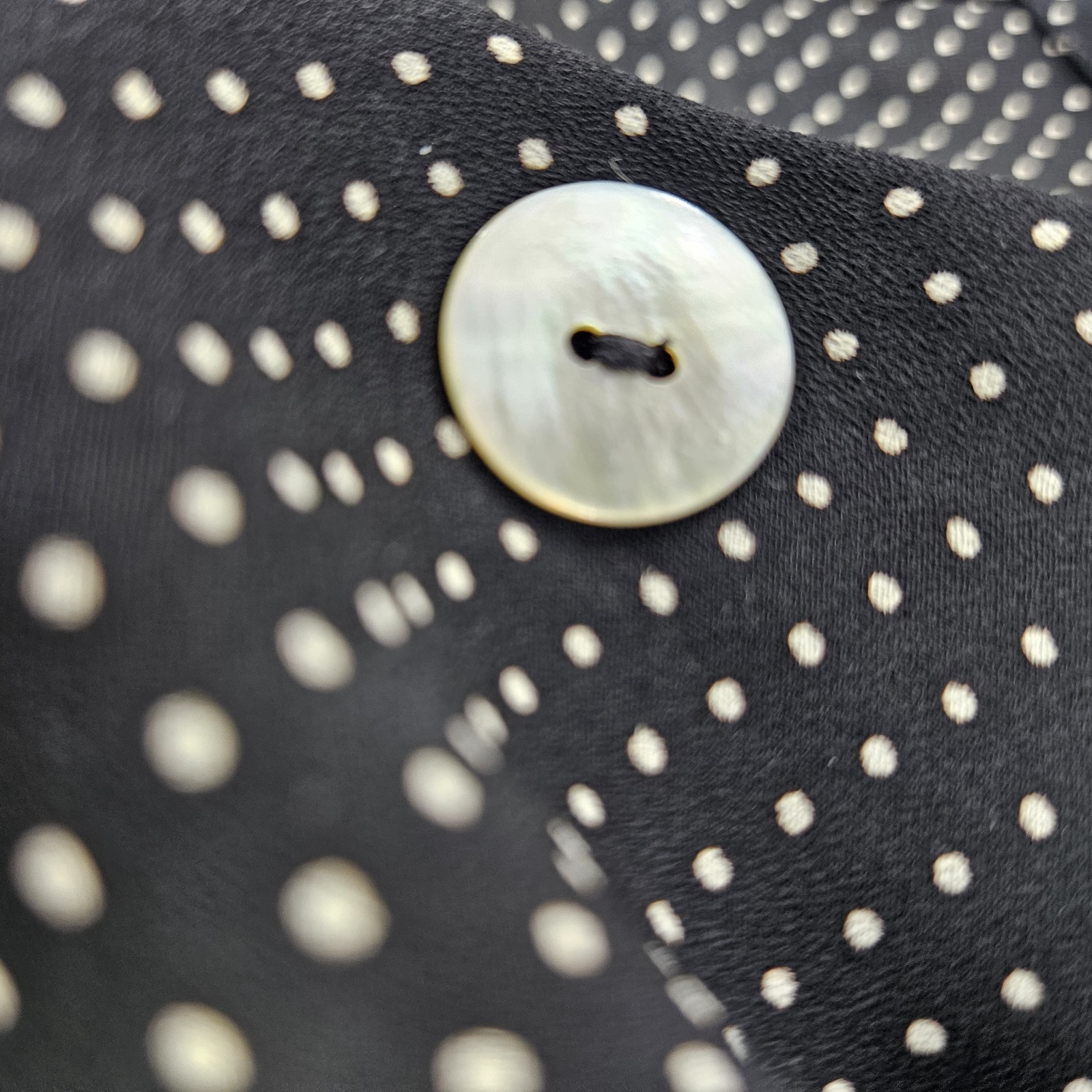 Vtg 80s/90s Maggie London Black White Polka Dot Blouse Shoulder pads L Sheer MOP